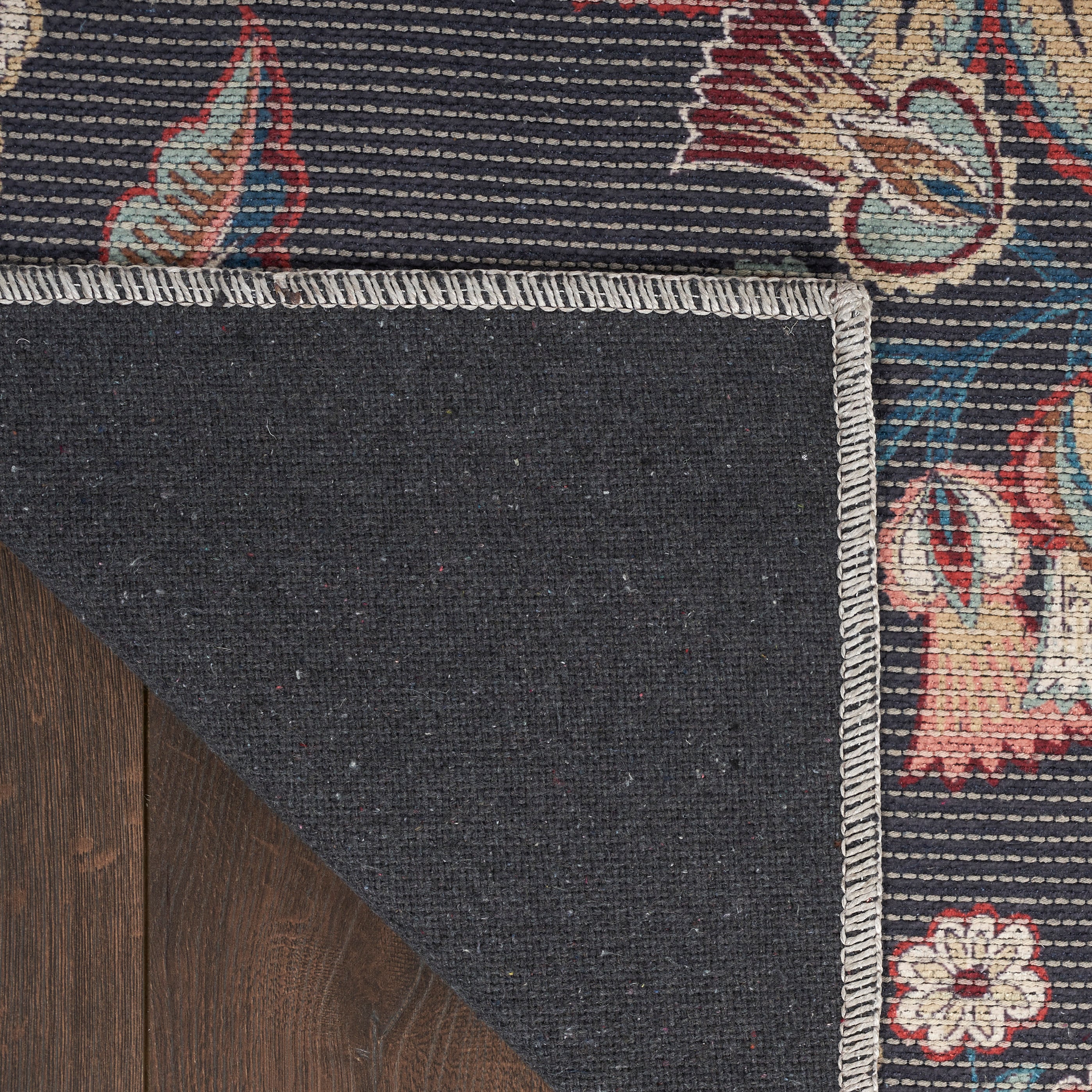 Charcoal Floral Rectangular Washable Synthetic Rug