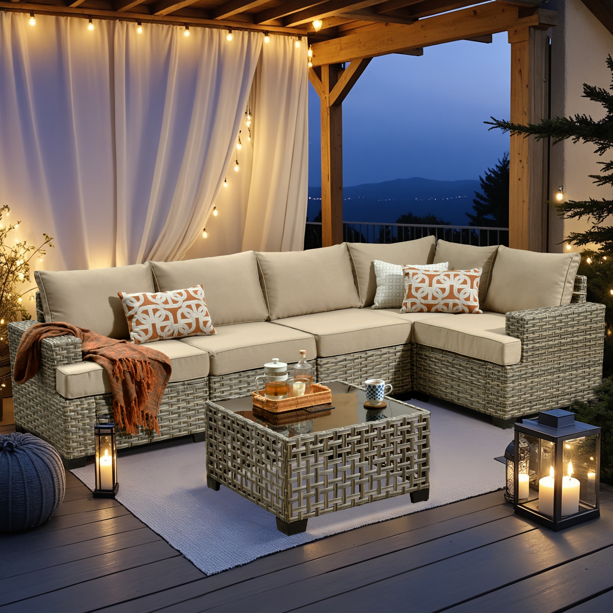 XIZZI XITBS6062A Agate Rattan Outdoor Sectional with Off-white Cushions and Steel Frame