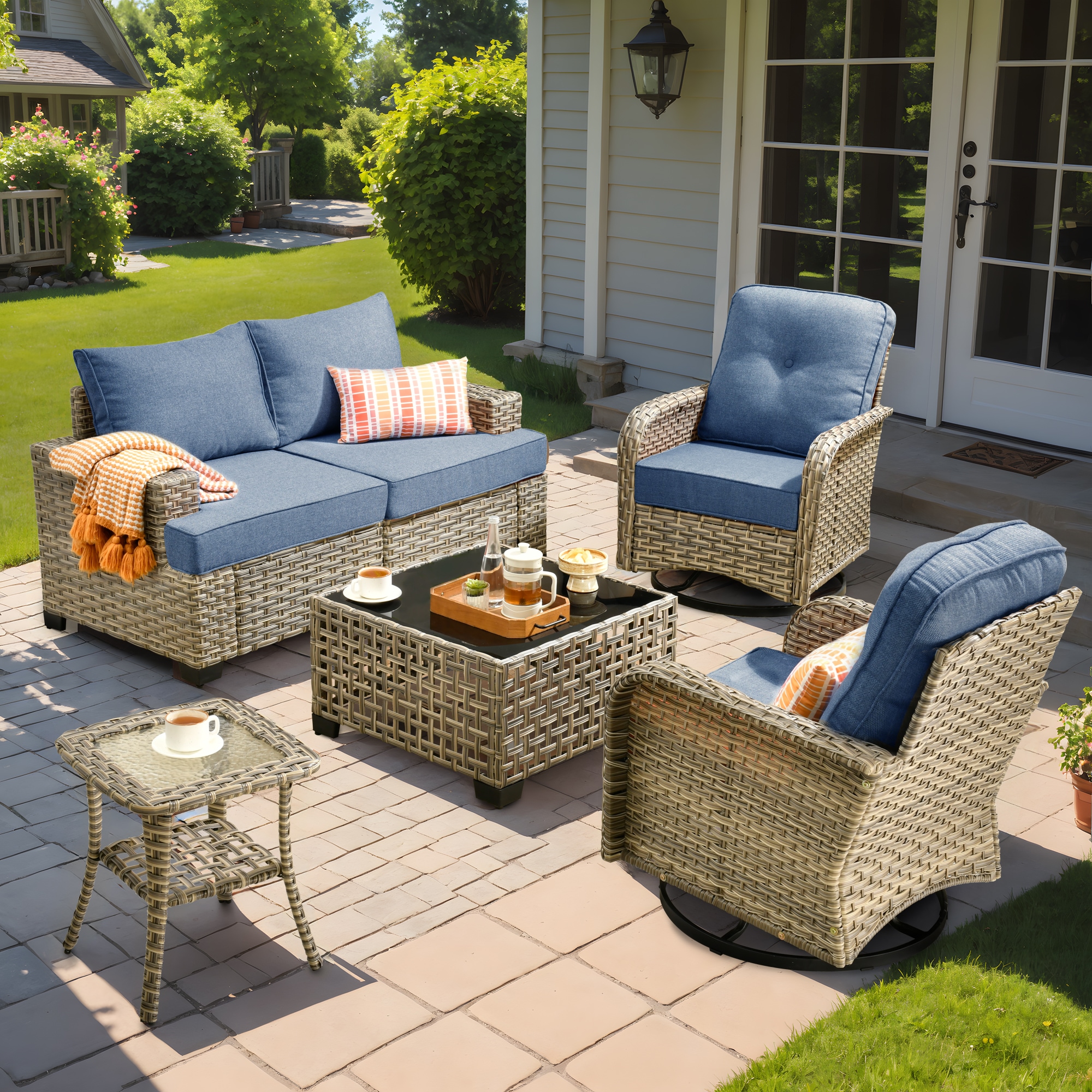 XIZZI XITBS5062-VNC Agate 5 -Piece Rattan Patio Conversation Set with Blue Cushions