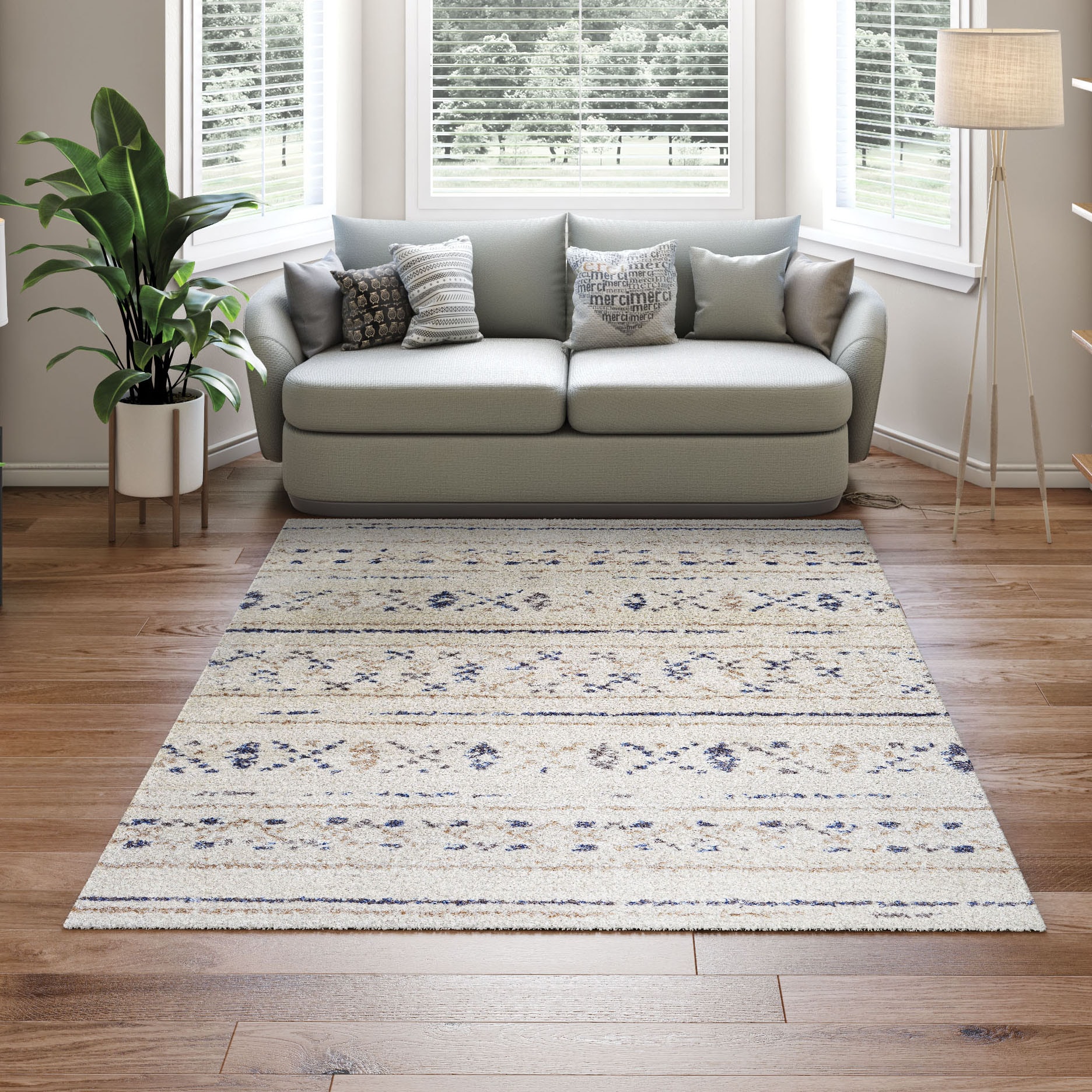 Ivory and Caramel Wool Synthetic Shag Area Rug