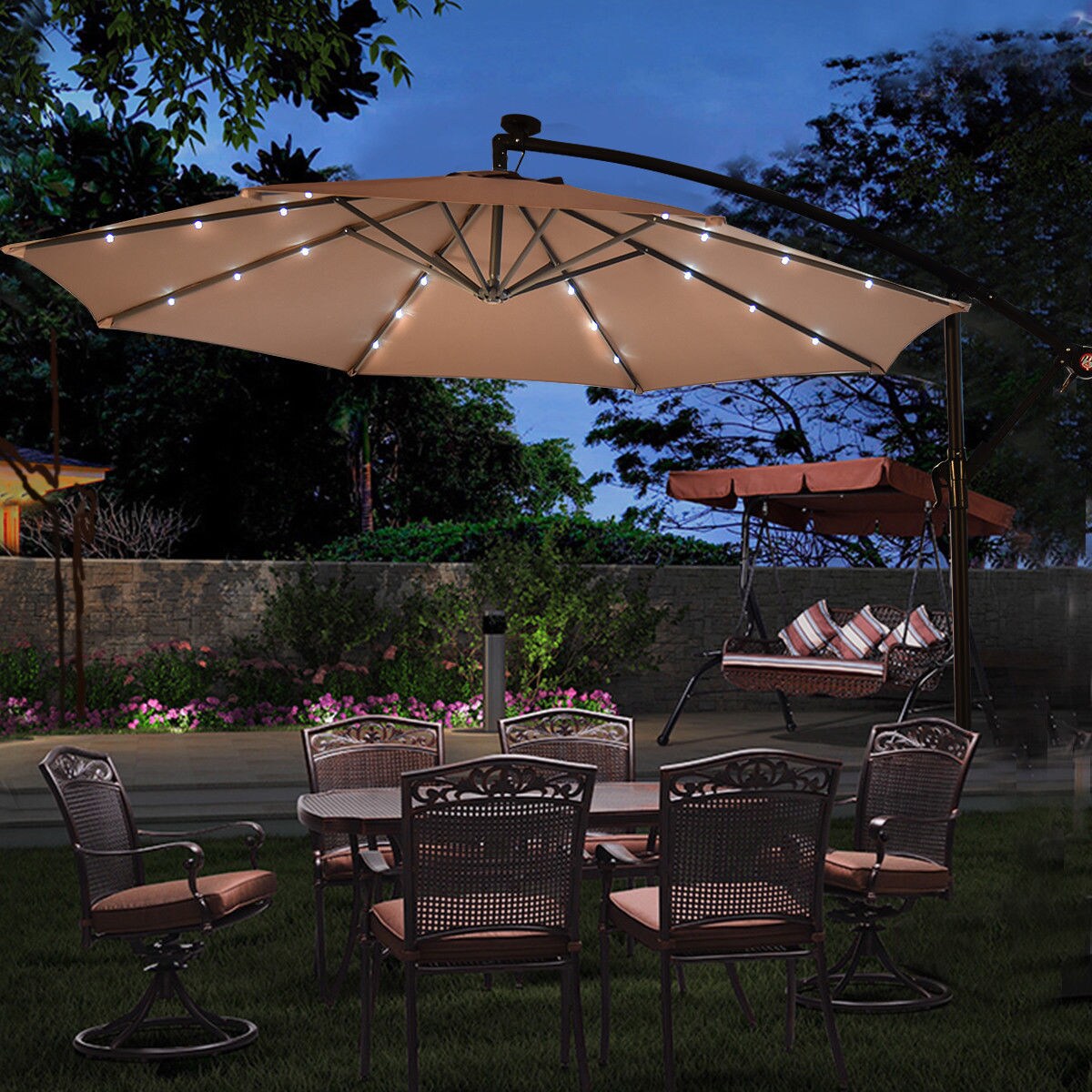 Mefo garden 10ft Solar Patio Outdoor Umbrella Offset Cantilever Hanging Umbrella 360 Degree Rotation with 24 LED Lights and Heavy Duty Steel Cross Base,Beige 