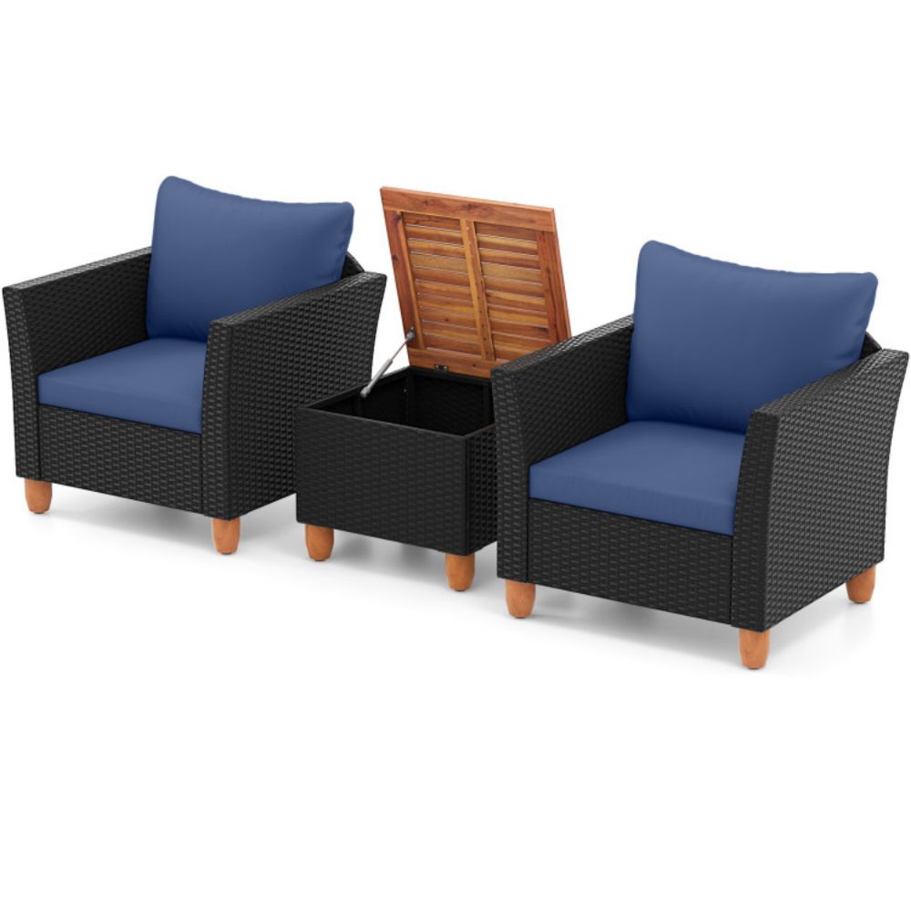 Clihome CL-HW70614NY Patio Wicker Furniture Set with Removable Cushions 3 -Piece Rattan Navy Patio Conversation Set