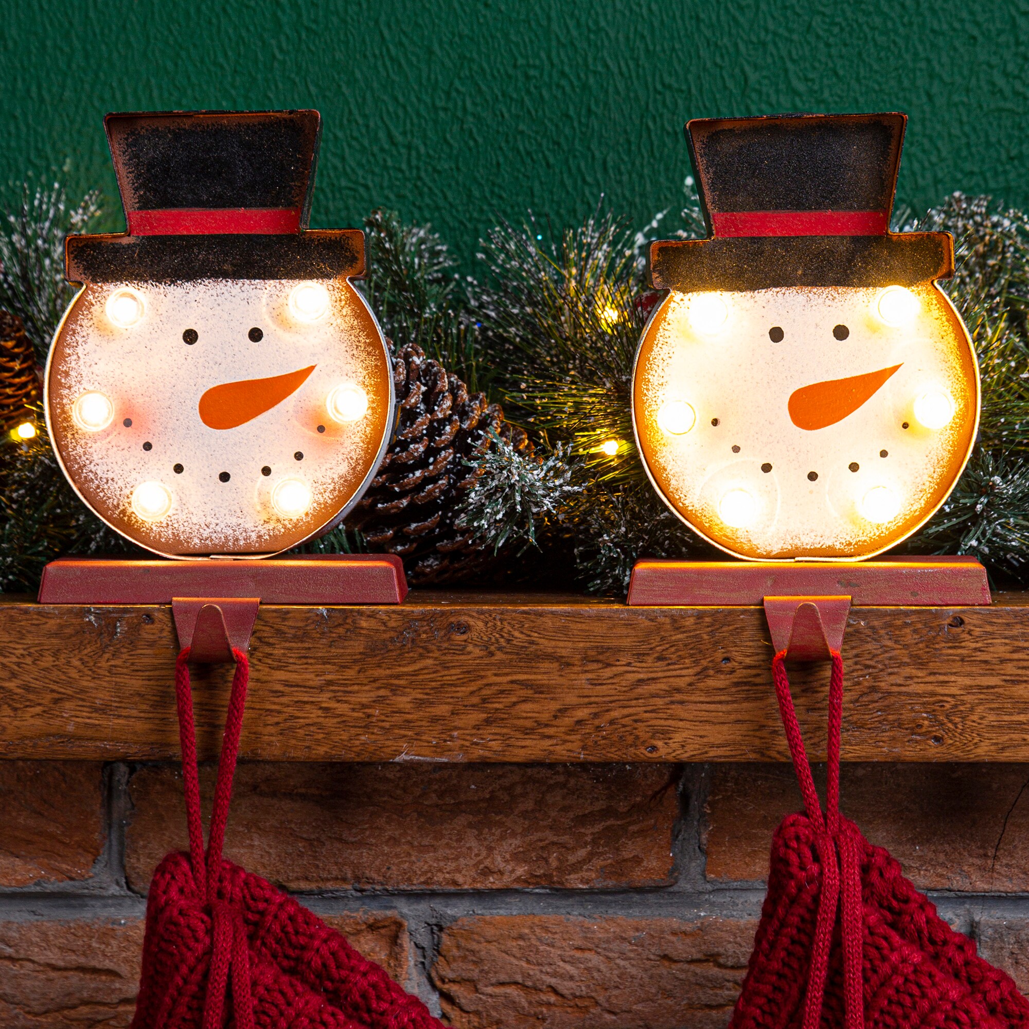 Glitzhome 2 Pack MARQUEE LED Snowman Head Stocking Holder