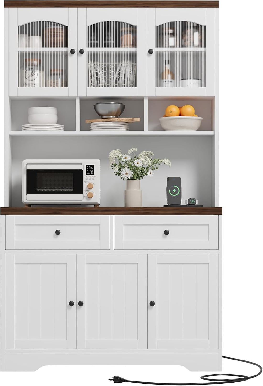 GAOMON 71 In Pantry Cabinet with Charging Station Kitchen Hutch with Drawers Shelves and Microwave Stand White