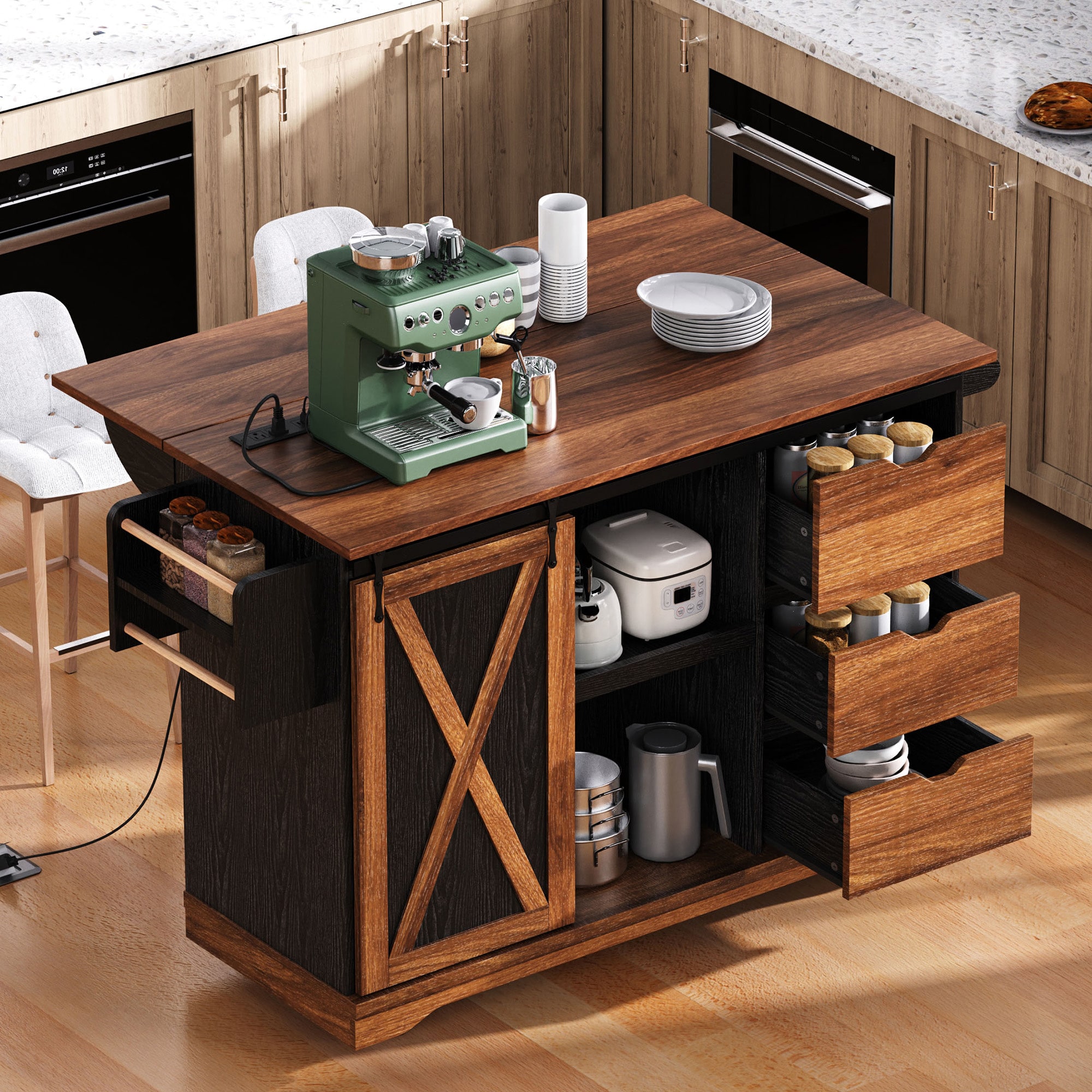 BABOOM BOM-8964AAW-OR Black Wood Base with Particleboard Wood Top Rolling Kitchen Island ( 28.8-in x 55.5-in x 36.9-in )