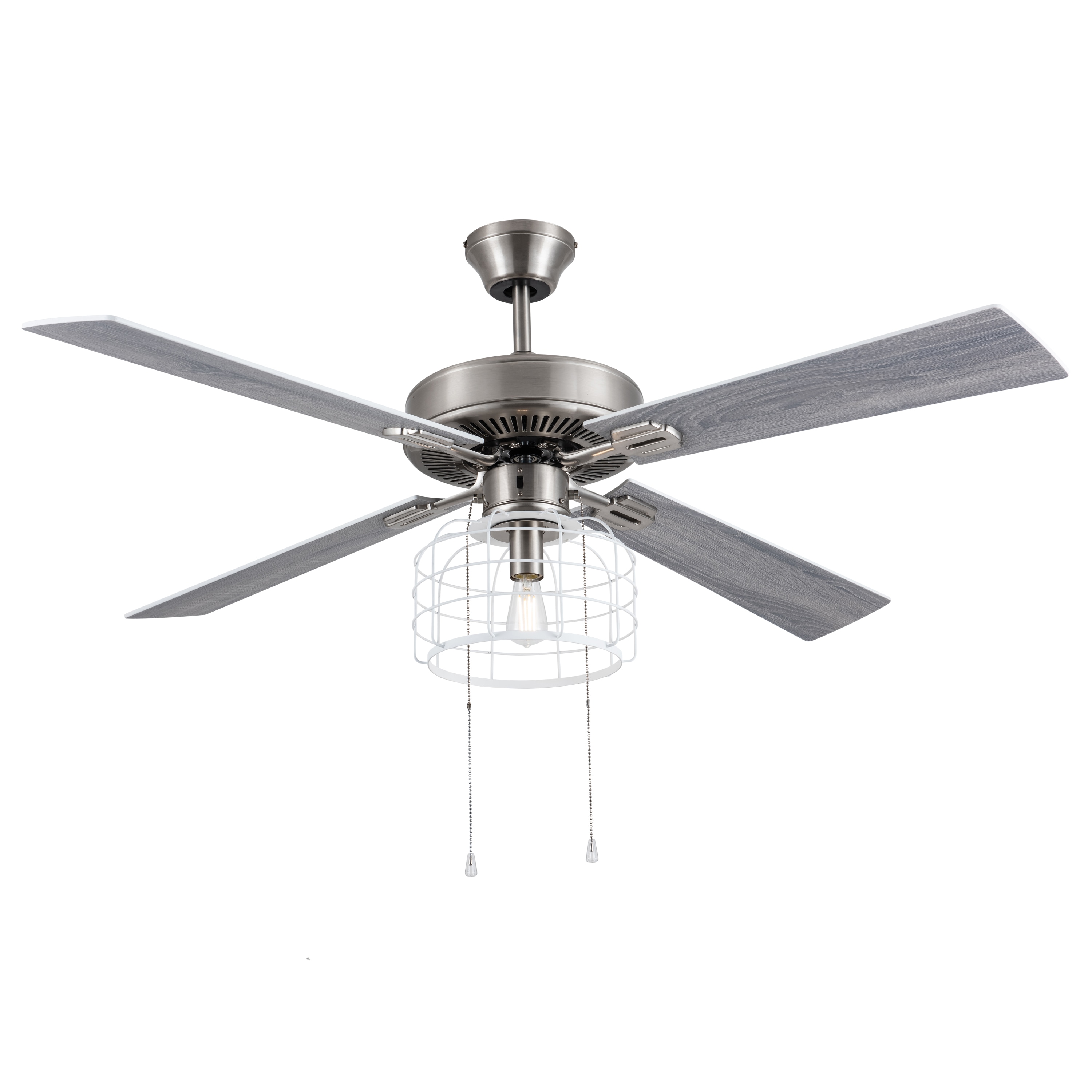 River of Goods 20297 52-in Downrod or Flush Mount Nickel with Soft grey, white Blades Cage Ceiling Fan With Light ( 4 -Blade )
