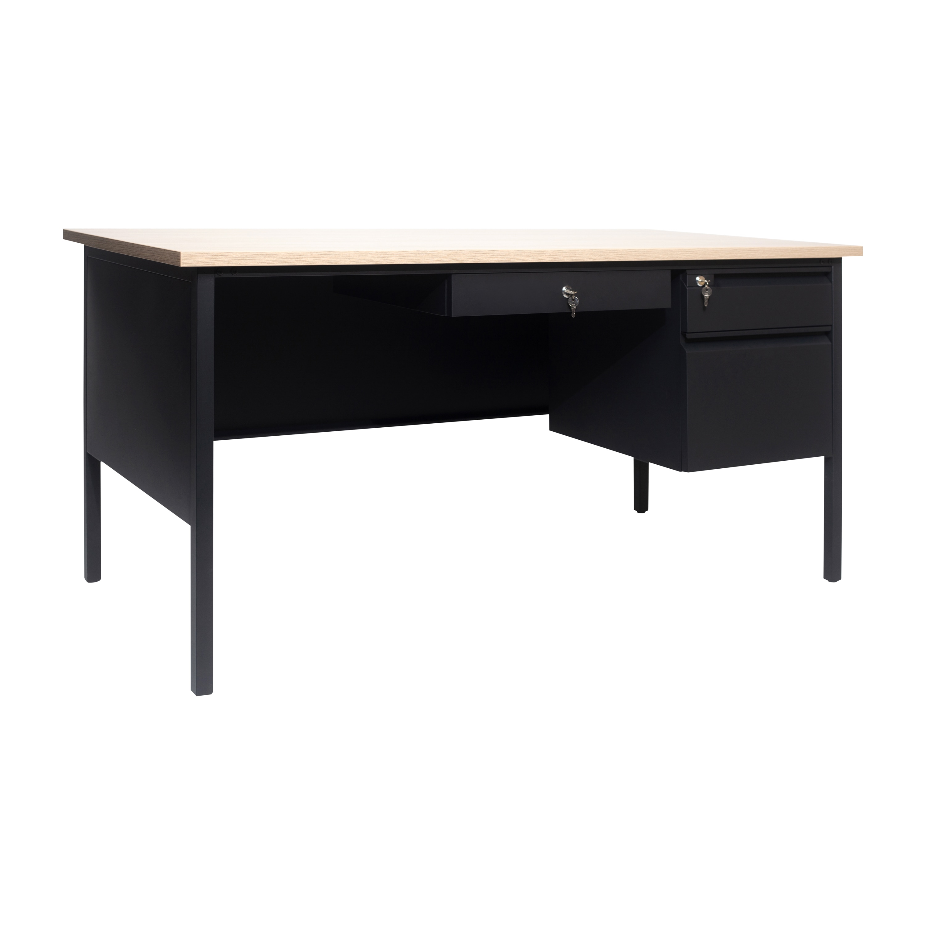 Flash Furniture 196861040375 Cambridge Commercial Grade 30x60 Right Side Single Pedestal Desk with 3 Locking Drawers; White Oak Top and Black Frame