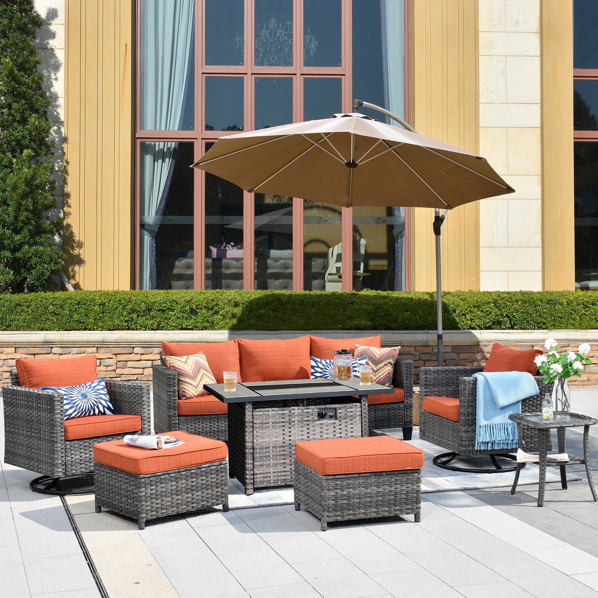 XIZZI XSQRC8174-CFP Lullaby 7 -Piece Rattan Patio Sofa Conversation Set with Orange Cushions