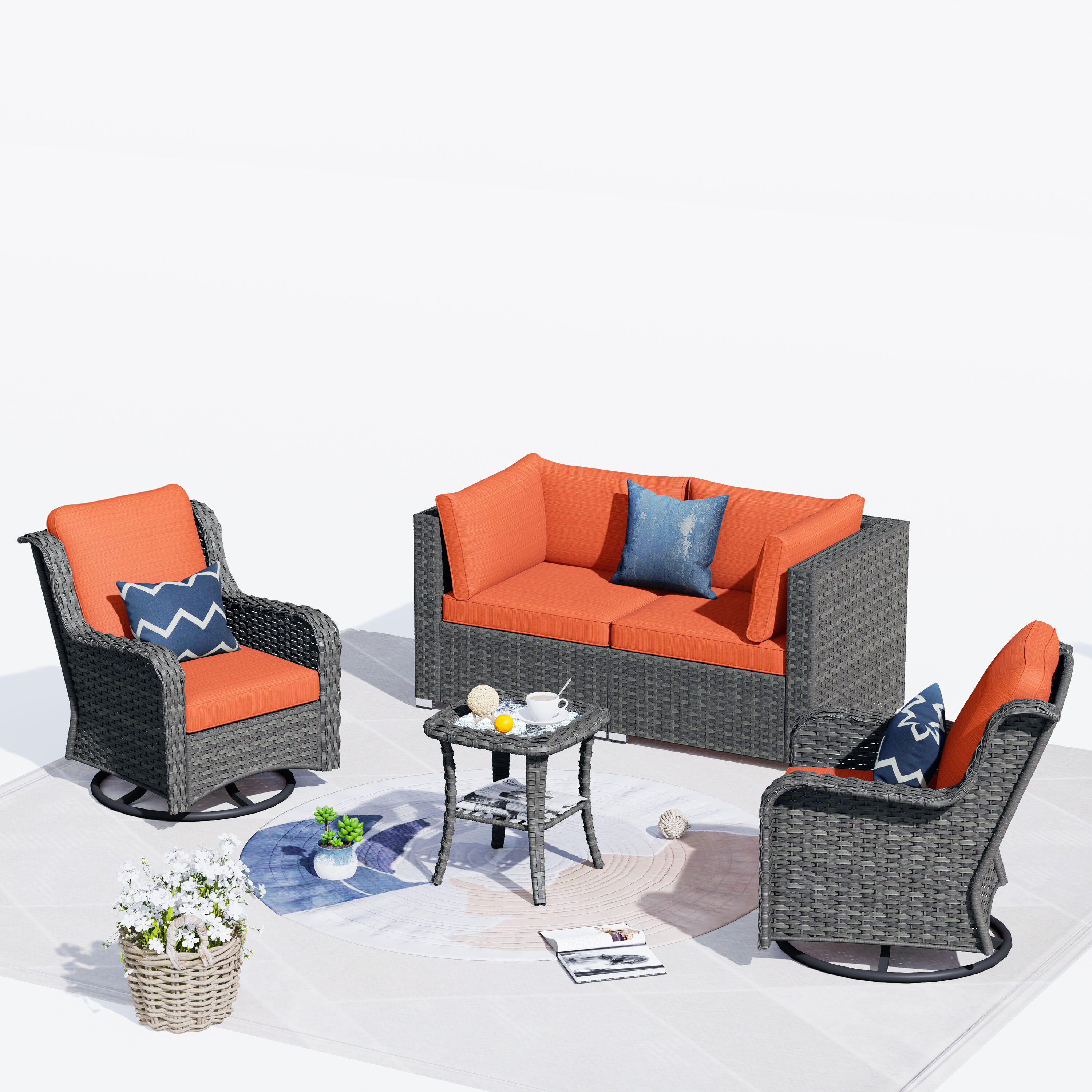 Ovios HP805Y 5 -Piece Wicker Patio Conversation Set with Orange Cushions