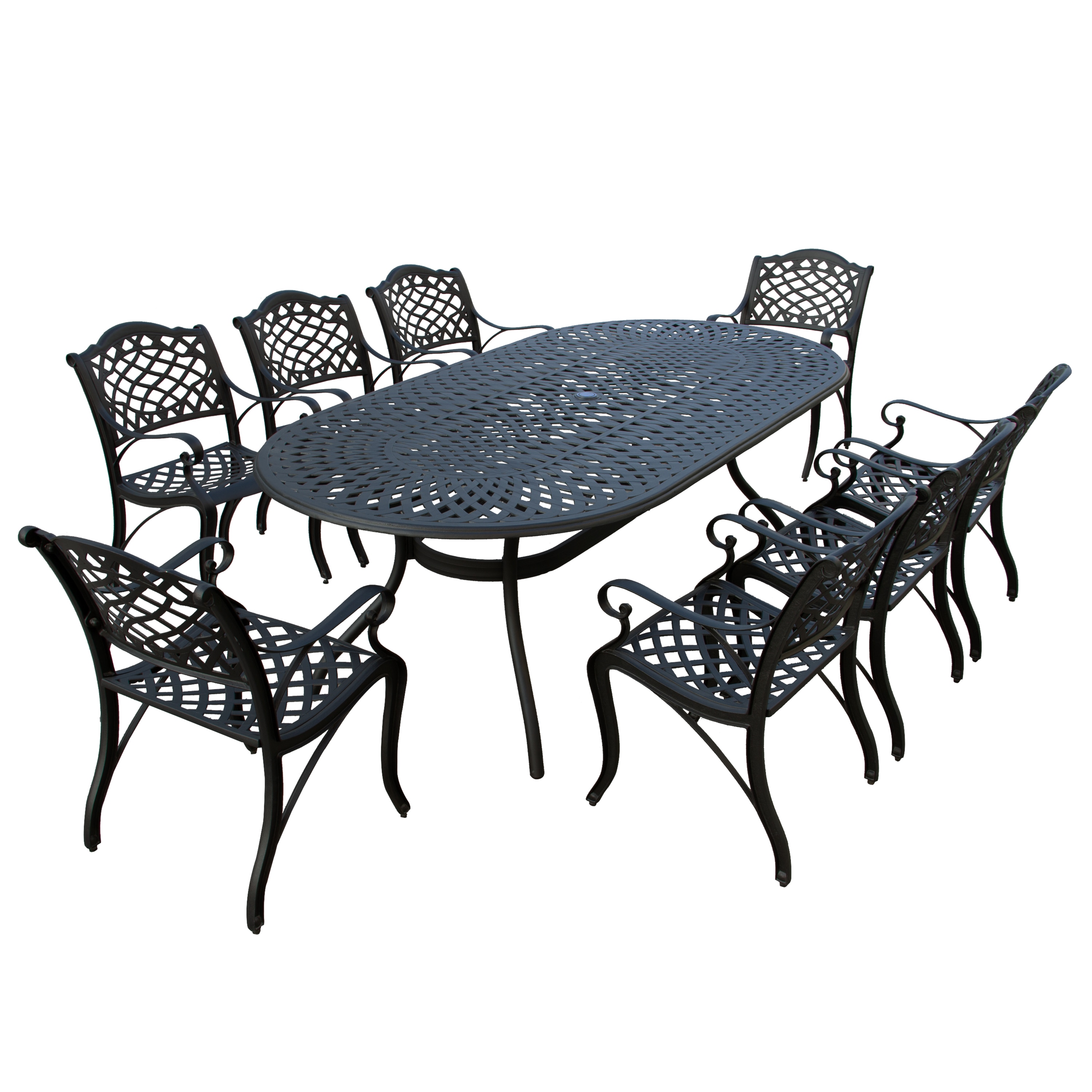 Oakland Living 1025-1059(8)-LBK Cast Aluminum Weatherproof Patio Dining Set 9 -Piece Black Patio Dining Set Aluminum Oval Table with 8 Stationary Chairs
