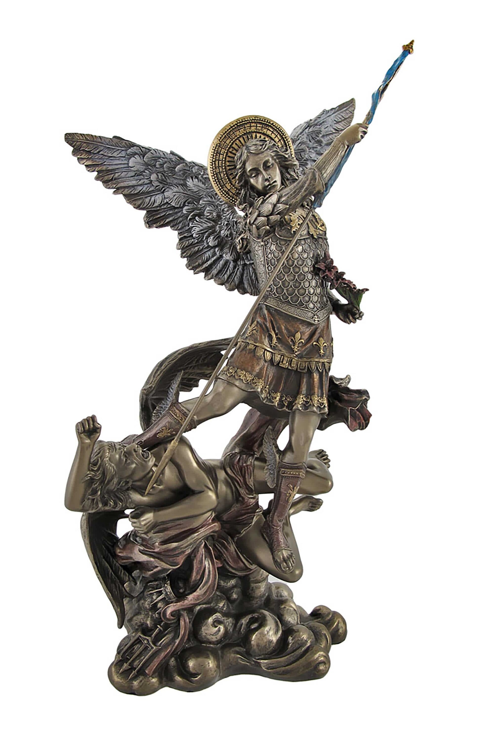 Veronese Design Bronze St. Michael Slaying Lucifer Statue with Colored Accents