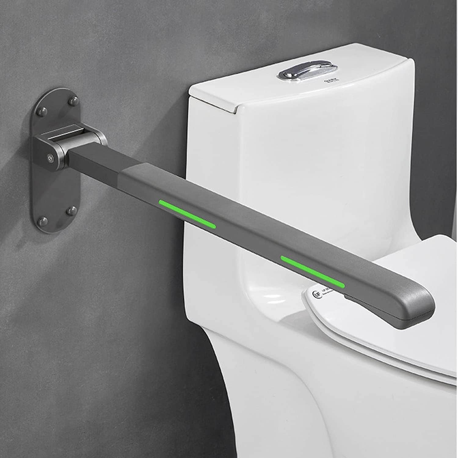 Afoxsos Flip Up Bathroom Grab Bar 1 Piece Foldable Non Slip Waterproof Safety Rail for Toilet Wall Mount Night Light Indicator Grey