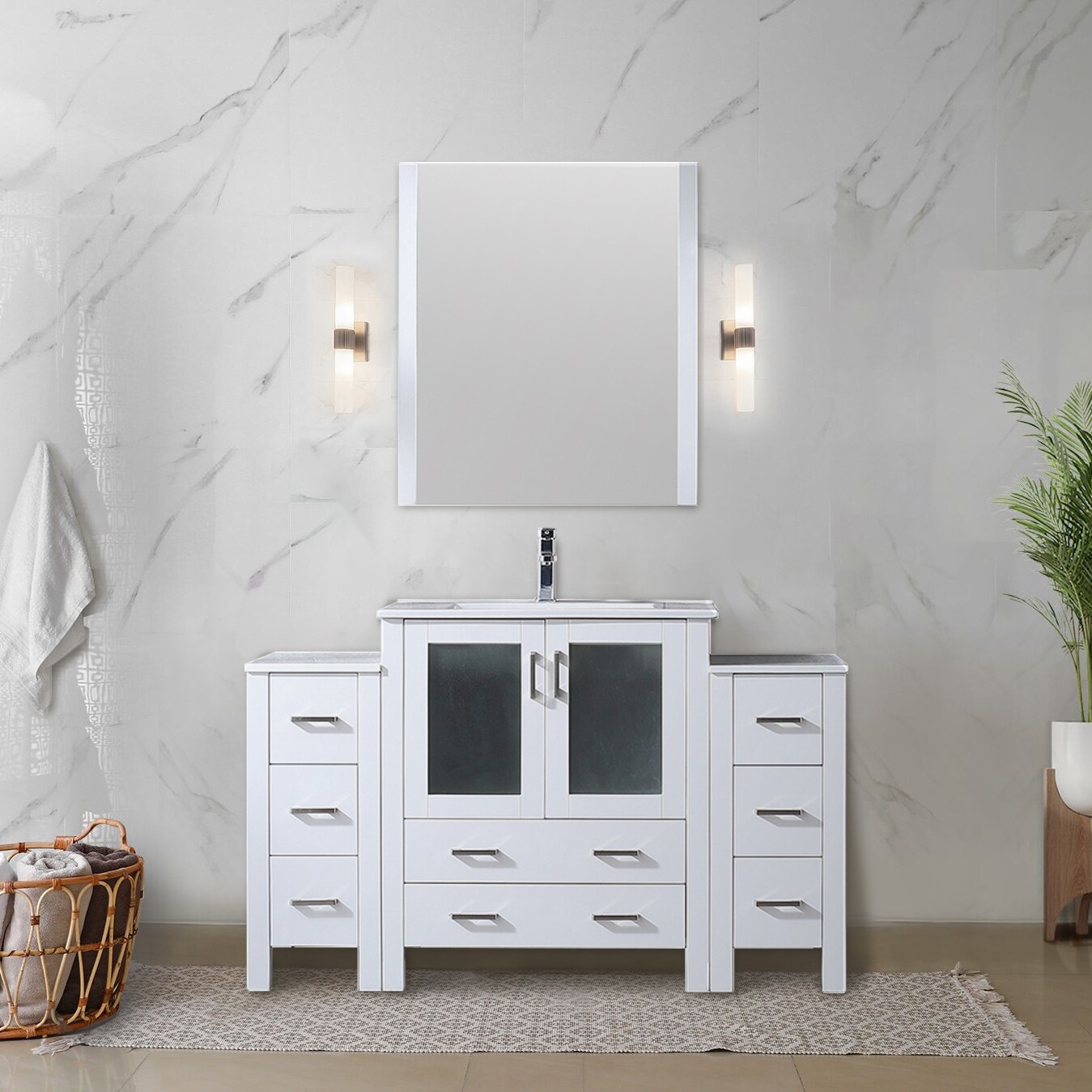 Lexora LV341854SAESM28 Volez 54-in White Single sink Bathroom Vanity with White Ceramic Top (Mirror Included)