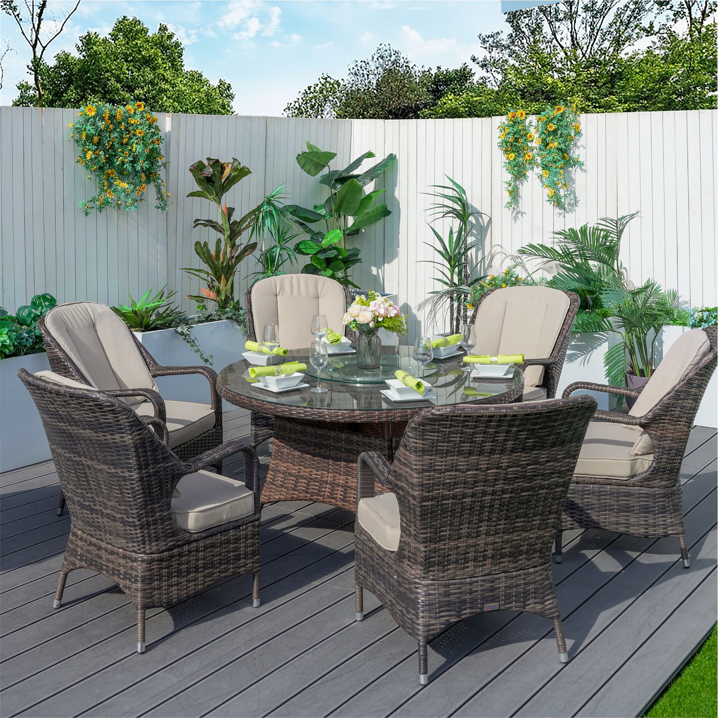 Moda Furnishings MD-PAD-1711-B Dining set of 1711 in brown 7 -Piece Brown Wicker Patio Dining Set Wicker Round Table with 6 Tan Cushions Stationary Chairs