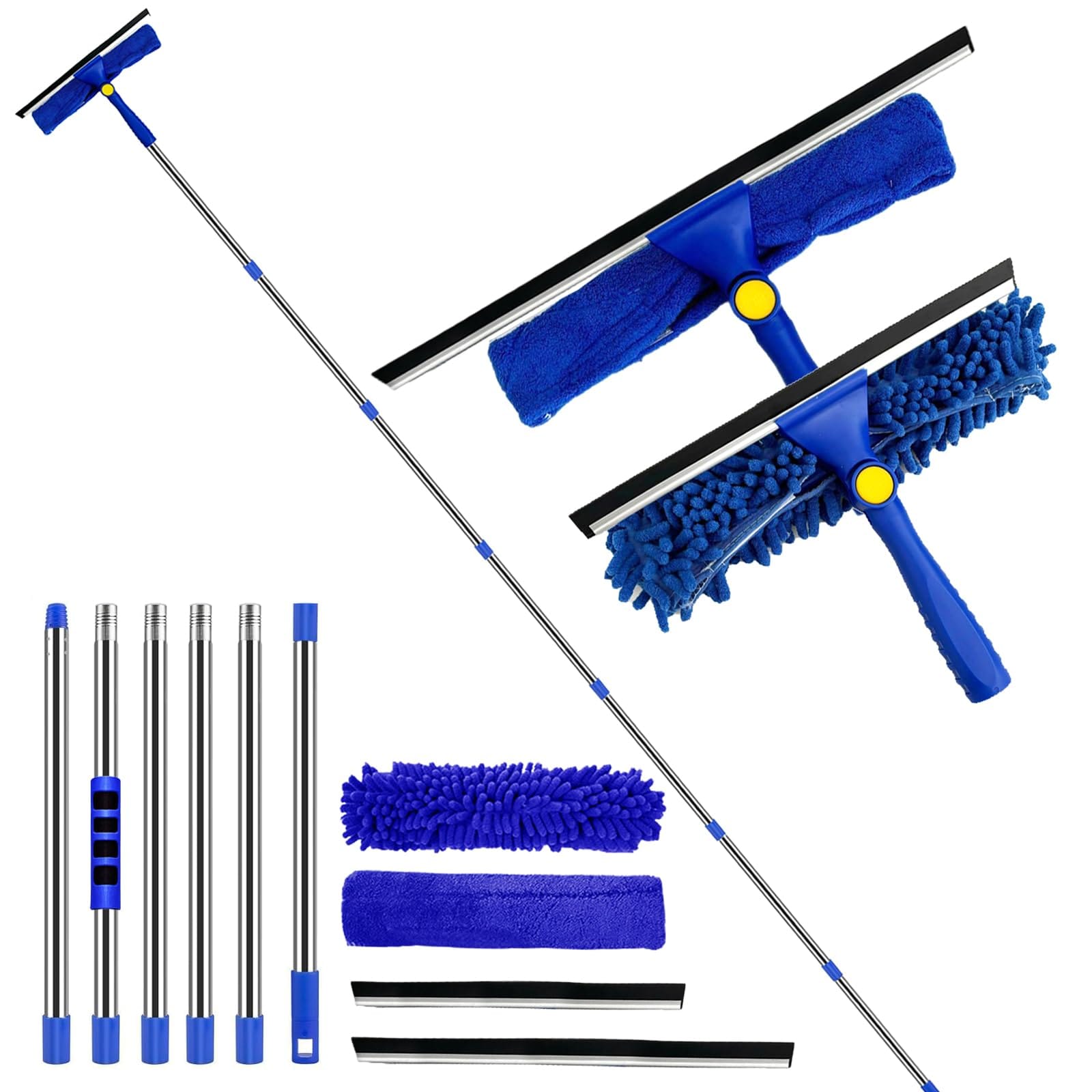 Misopily  Window Squeegee Cleaner 3 in 1 Window Cleaning Kit 94 Inch Extension Pole Rotatable Head 2 Blade 2 Scrubber 11 Piece Set for Home Car