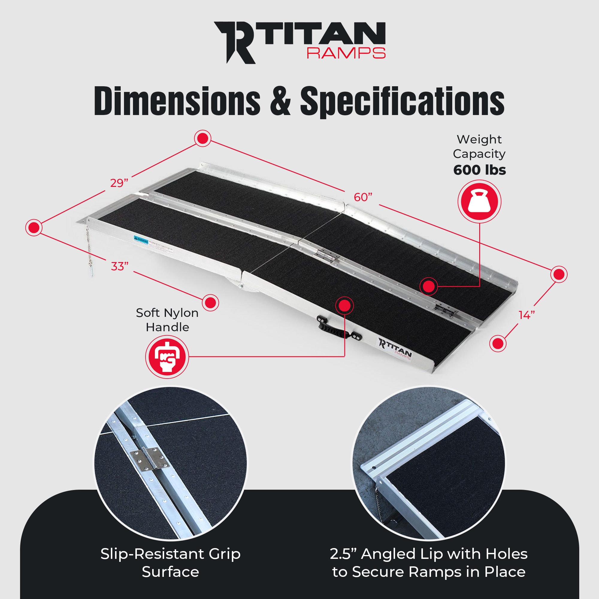 Titan Ramps 5 Foot Multi-Fold Grip Aluminum Wheelchair Ramp 600 Pound ...