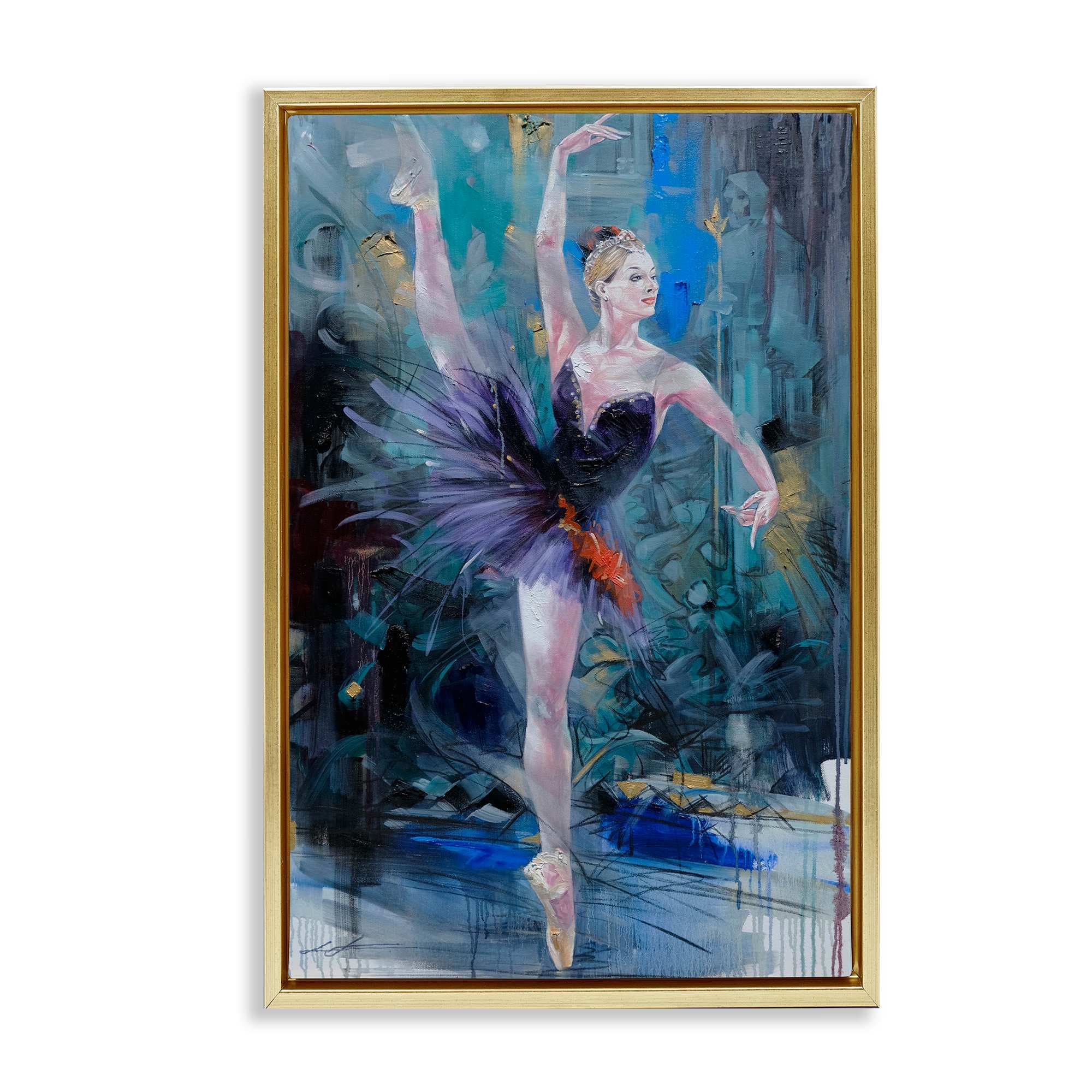 Stupell Industries BT-052-FFG-16X24 Vivid Ballet Dancer on Blue Gold Framed Floater Canvas Wall Art By Lucille Lee 17 x 25