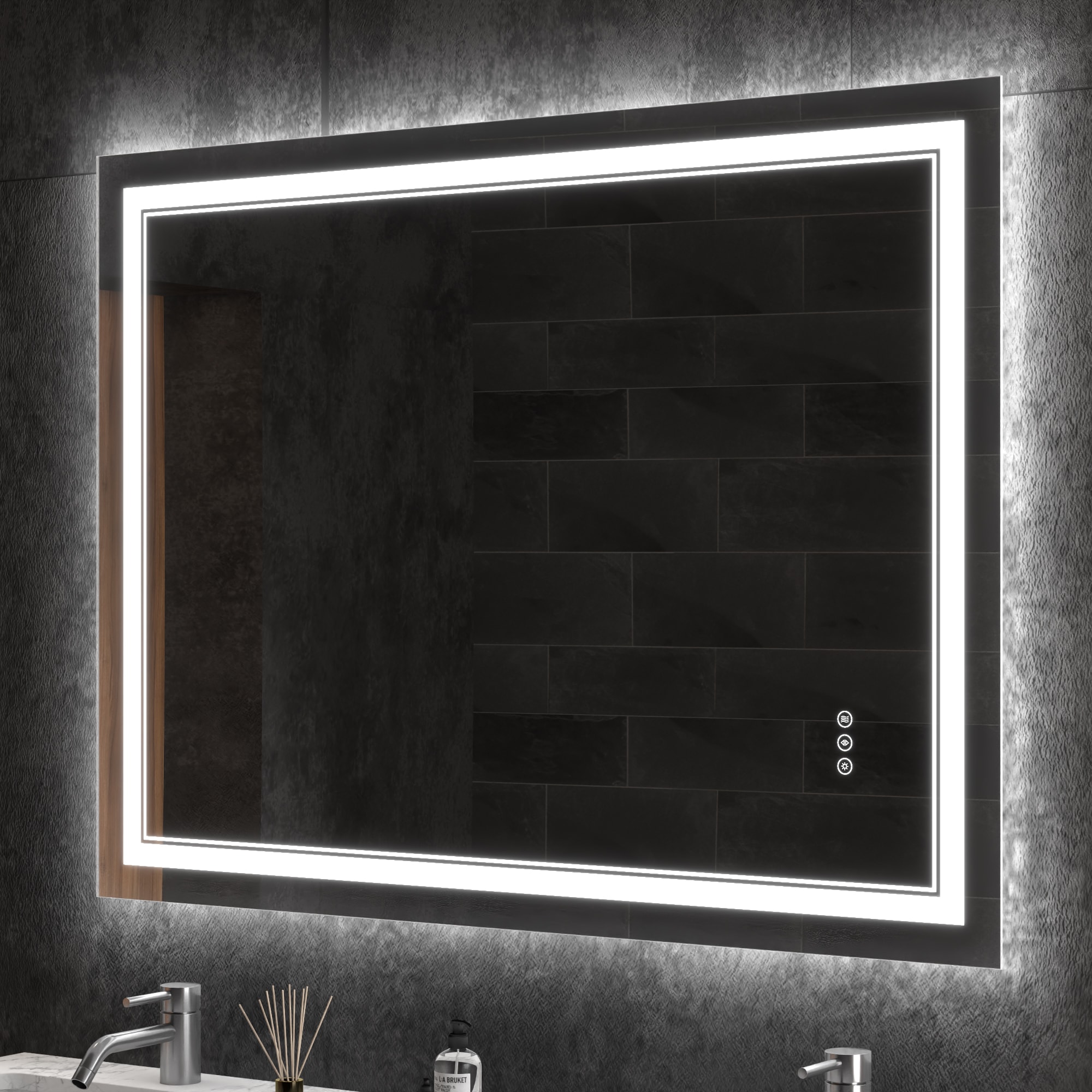 ExBrite DHBM4024FLAL NOIR 48-in x 36-in Polished Frameless Rectangle Dimmable Lighted Fog Free Bathroom Vanity Mirror ( WHITE )