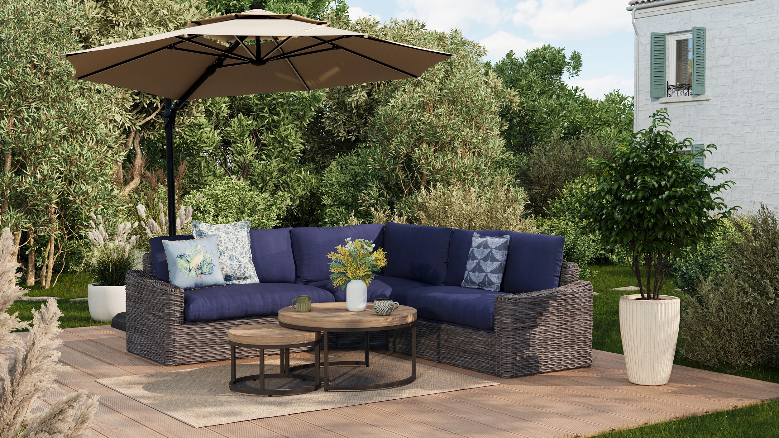 allen + roth Maitland Wicker Outdoor Loveseat with Blue Cushion(S) and Wicker Frame