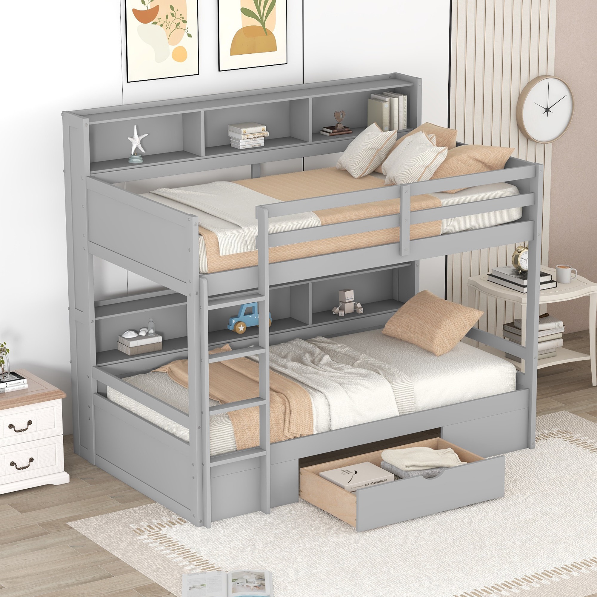 Qualler BKM0308E Gray Twin over twin Bunk Bed