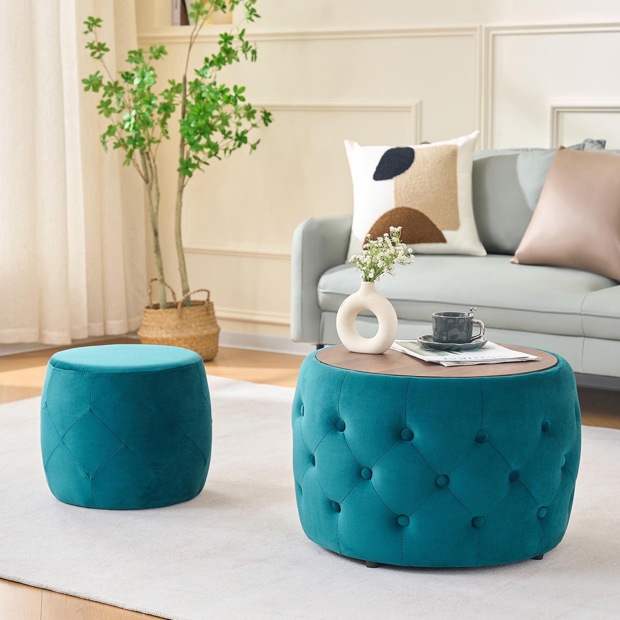 LUXEYARD Luxurious Velvet Nesting Ottomans of 2 4 in 1 Function Round ...