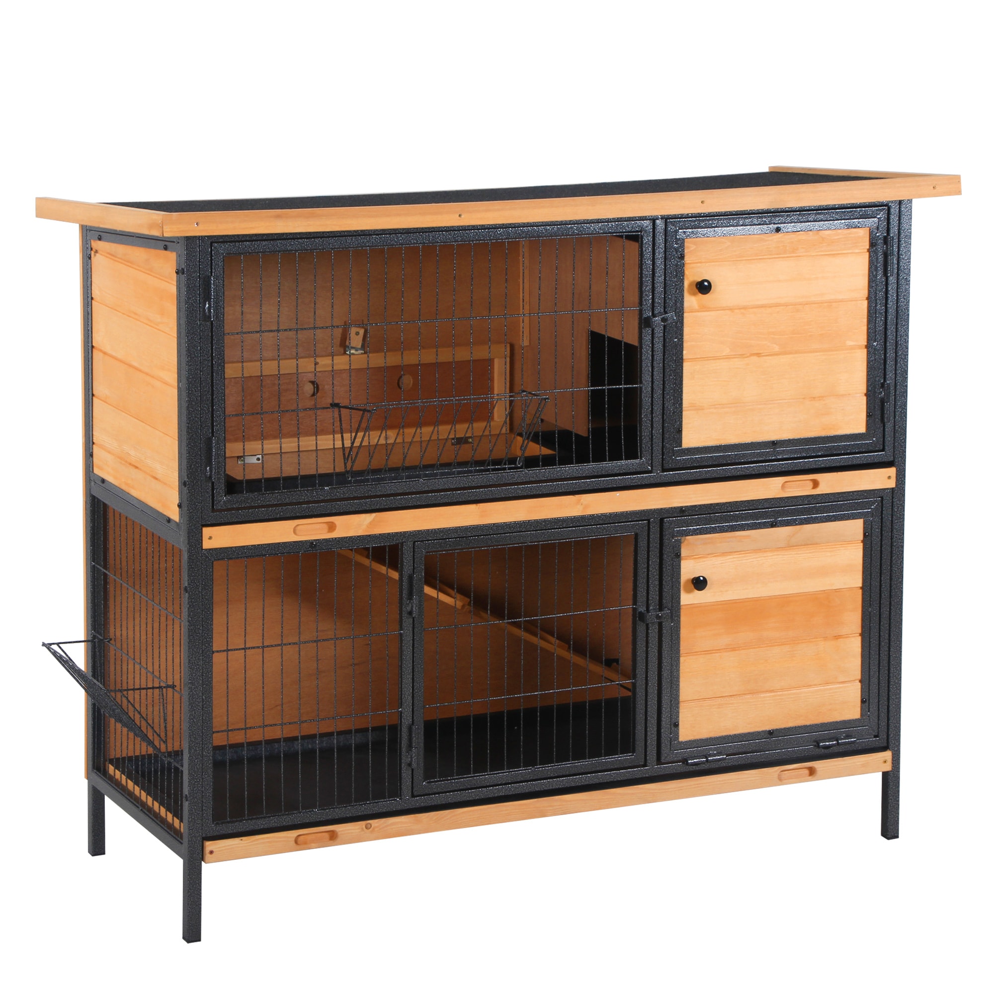 PawHut D51-180 48inch 2-Story Large Rabbit Hutch Bunny Cage Wooden Pet House Metal Frame with Individual Room Ramp No Leak Tray Feeding Trough Waterproof Asphalt Roof for Outdoor/Indoor
