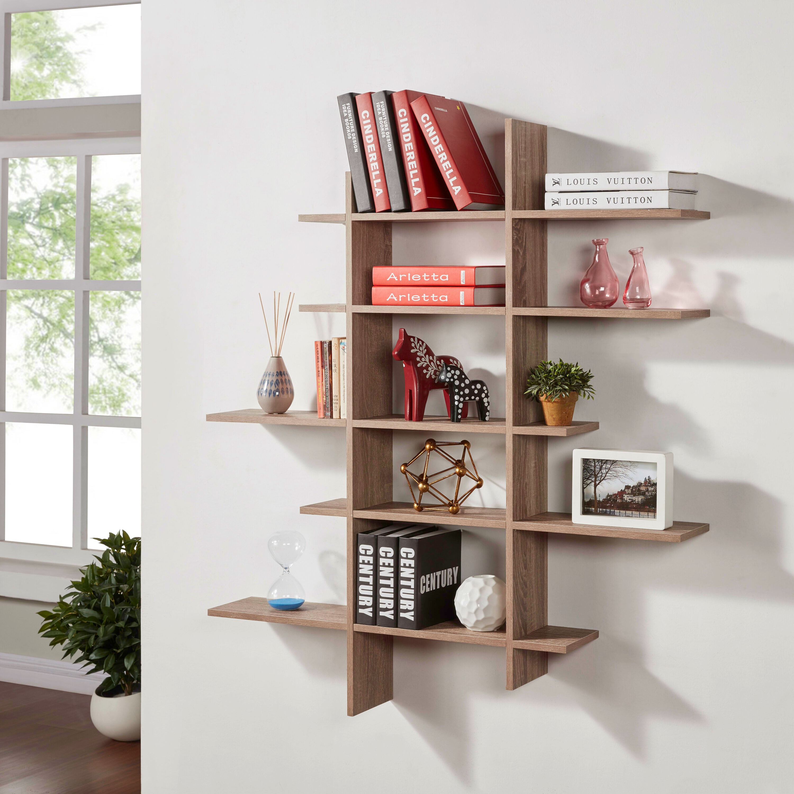 BOOKSHELF 5-TIER OAK WITH REVERSIBLE SHELVES WHITE AND WOOD - PLAZA