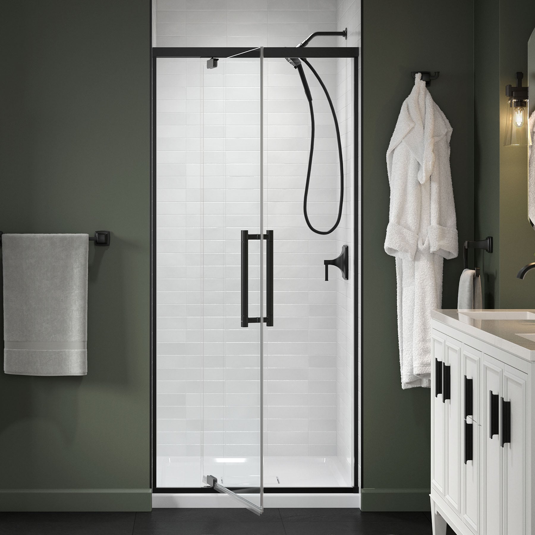 KOHLER 702481-8L-BL Premise Matte Black 31-5/8-in to 35-5/8-in W x 76.06-in H Frameless Pivot Soft Close Shower Door 5/16-in Thick Clear Glass