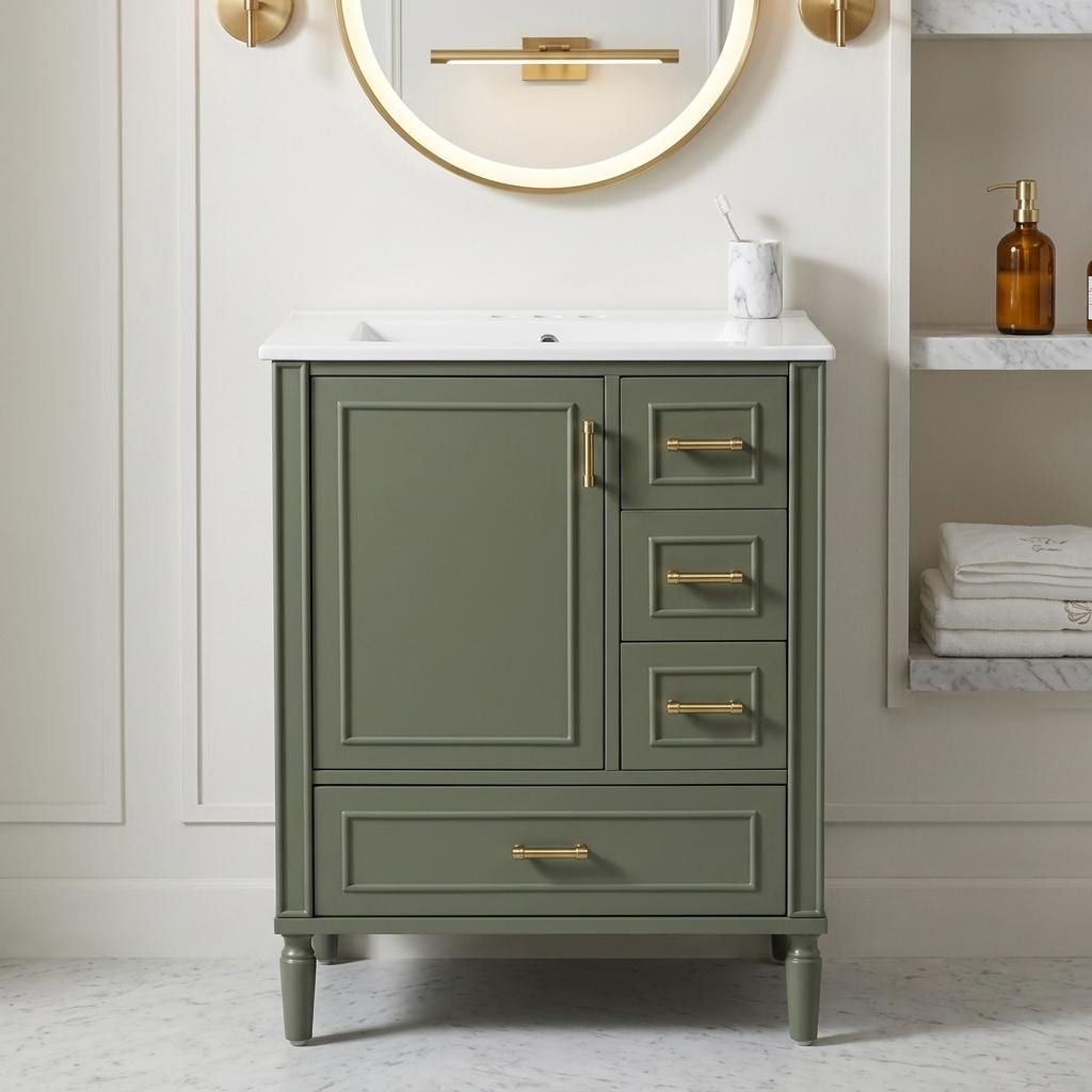 Homy Casa 24-in W Olive Green Bathroom Vanity with Soft Close Drawers and Ceramic Sink for Space-Saving Storage