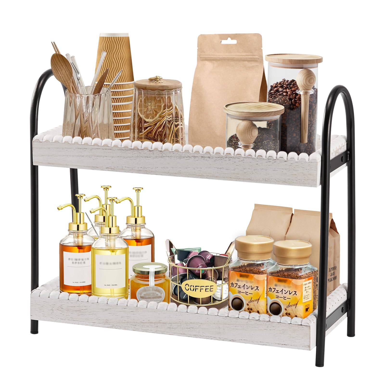 Misopily  2 Tier Wood Coffee Bar Organizer Countertop Shelf Rustic Storage Stand Rack for Mugs Cups Syrup Condiments Kitchen Home Office 1 Piece