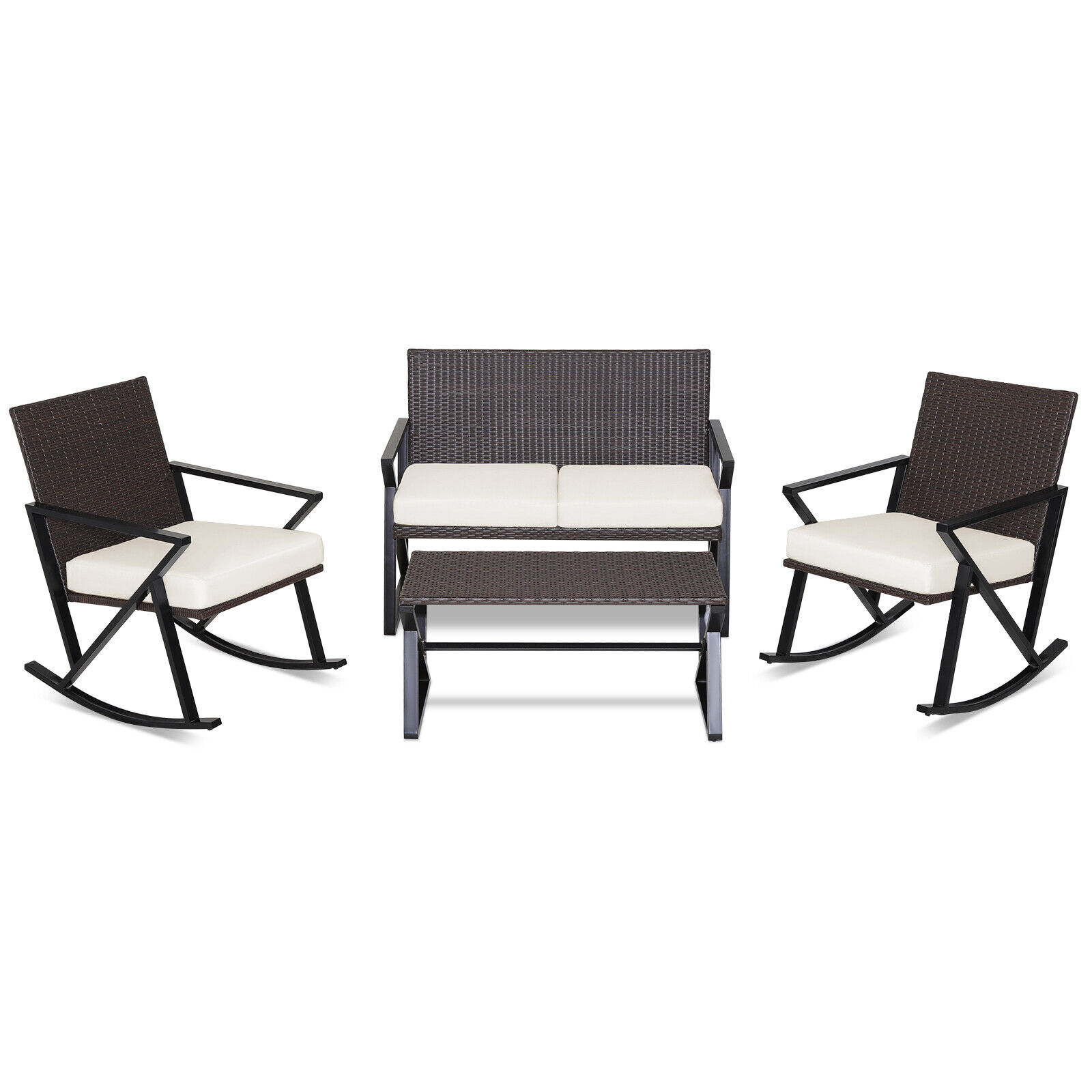 WELLFOR OUS70741+ 4 -Piece Rattan Patio Conversation Set with Off-white Cushions