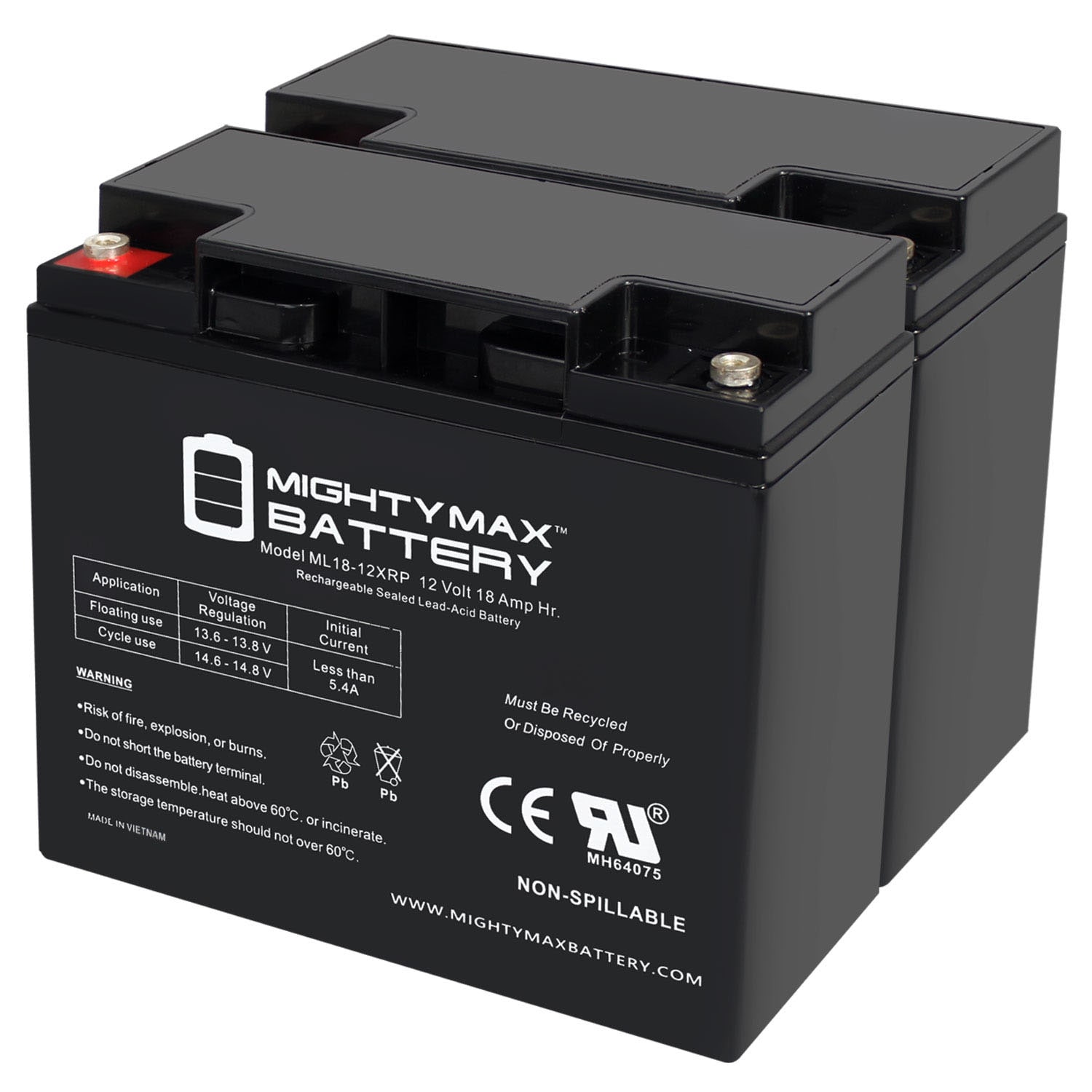 Mighty Max Battery MAX3971936 12 V 18 AH WITH REVERSE POLARITY 2 Rechargeable Sealed lead acid 12180 Backup power Batteries 2 -Pack