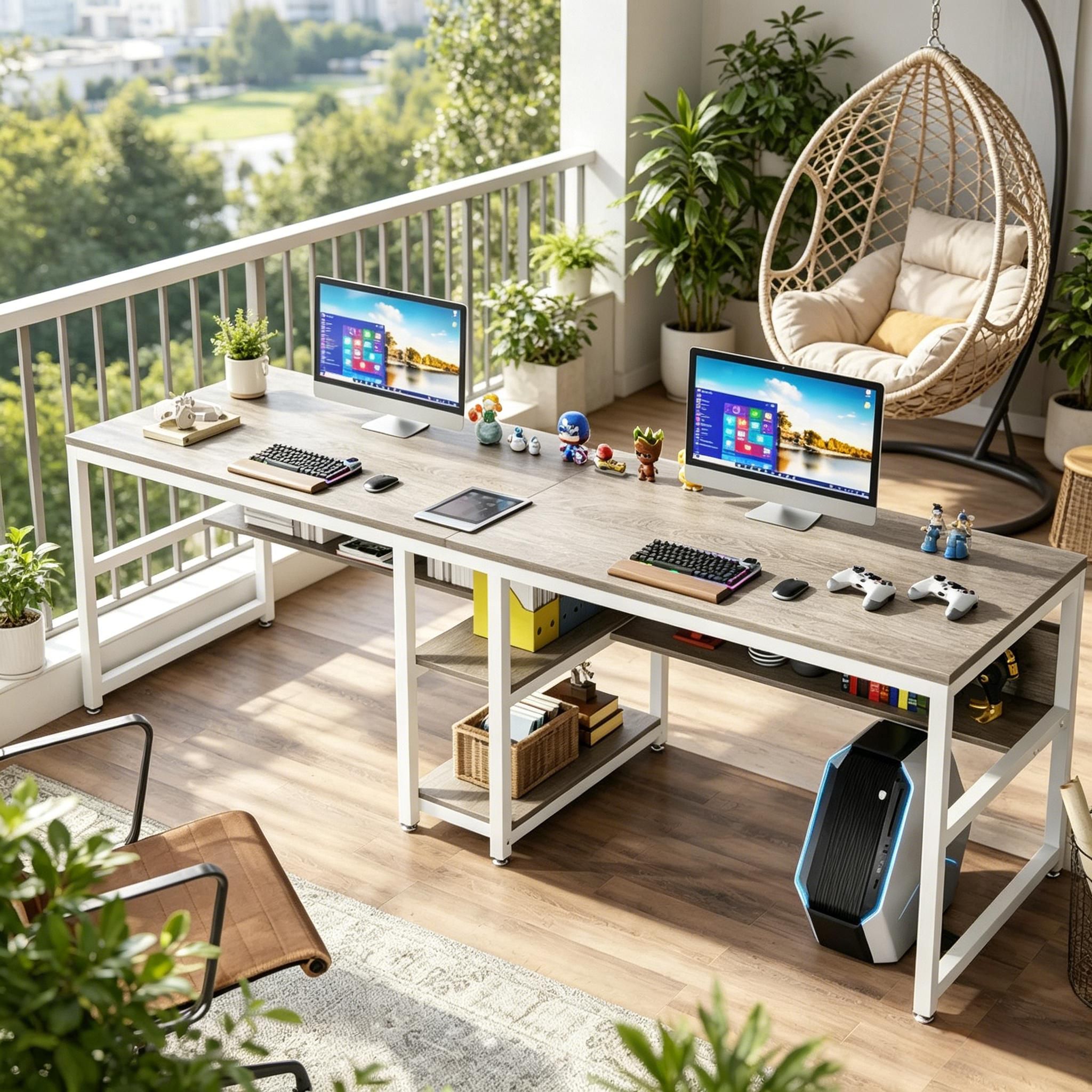 JUSHUA Gray and White Double Workstation Two Person L Shaped Computer ...