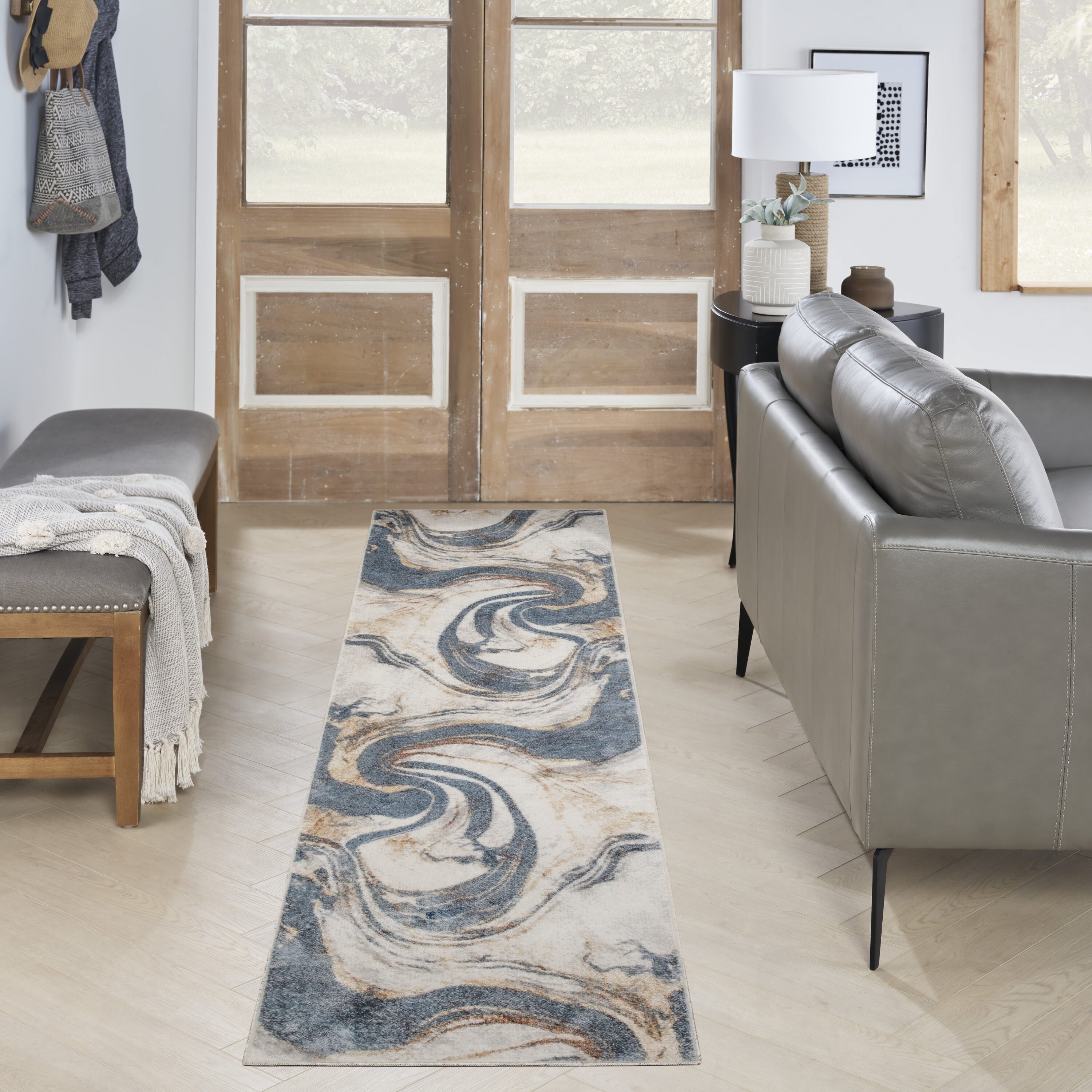Nourison Home 099446977830 Astra Machine Washable 2 x 8 (ft) Loomed Polyester Ivory Blue Rectangular Indoor Abstract Machine washable Runner rug