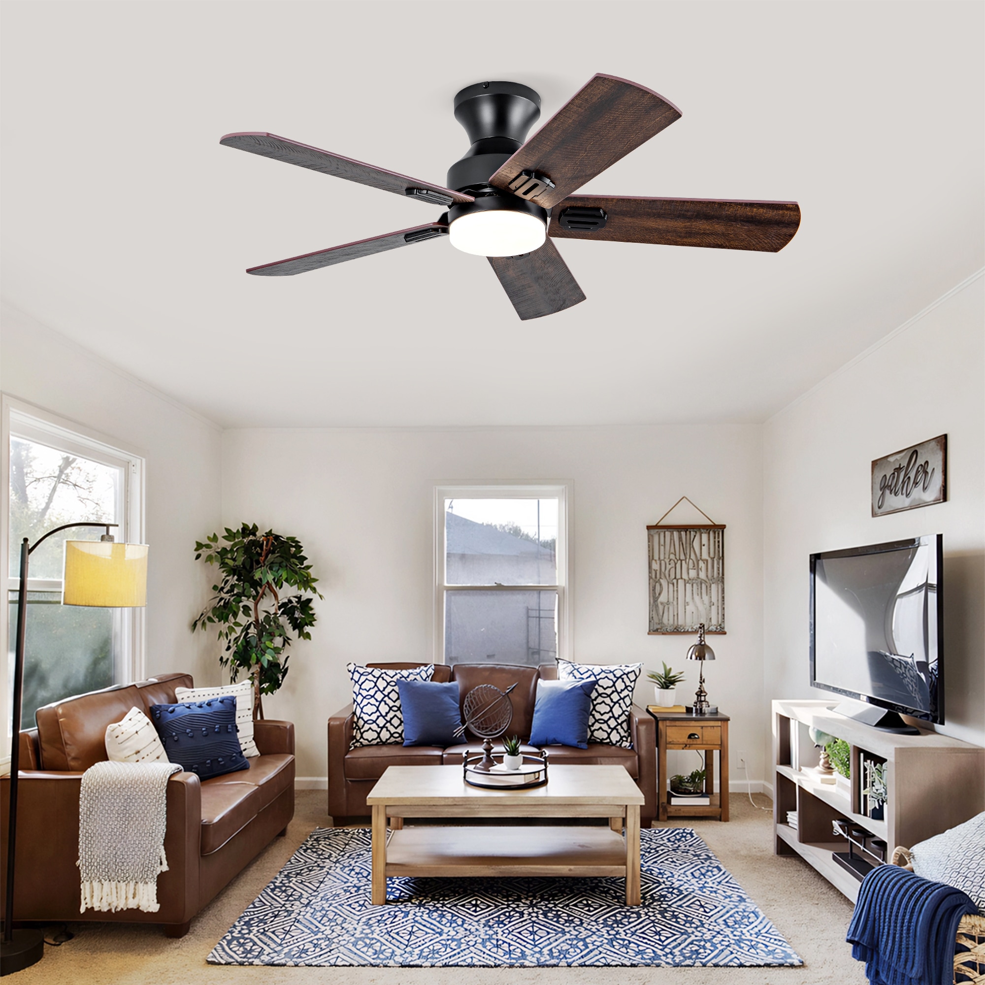 GDFStudio 42 inch  Ceiling Fan with lights with DC motor  Remote Control  Solid Wood Construction in Black for Indoor  Outdoor Spaces