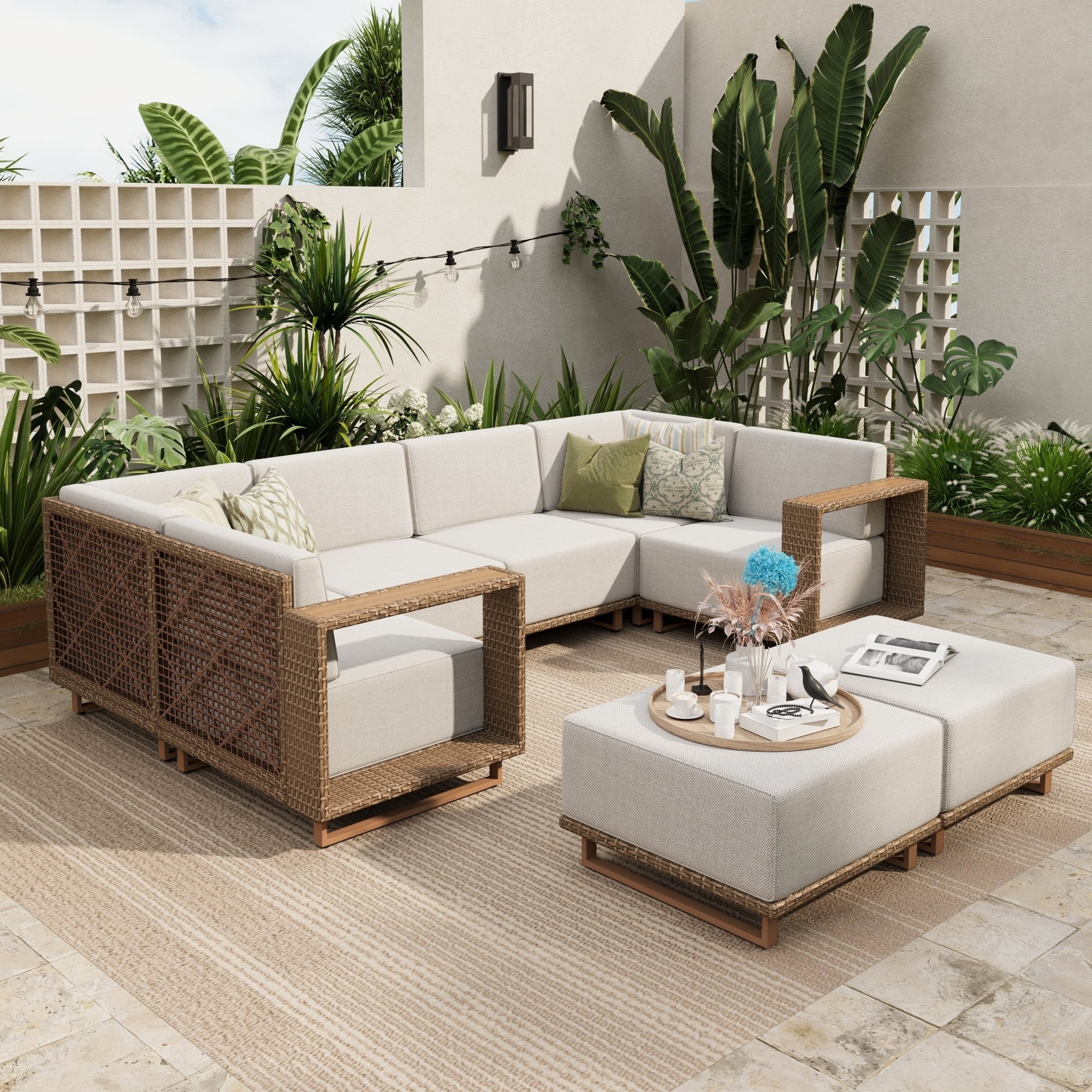 Sunshine Valley CR006-10-8 Patio Conversation Sets 6 -Piece Wicker 2 Patio Sofa Conversation Set with Beige Cushions