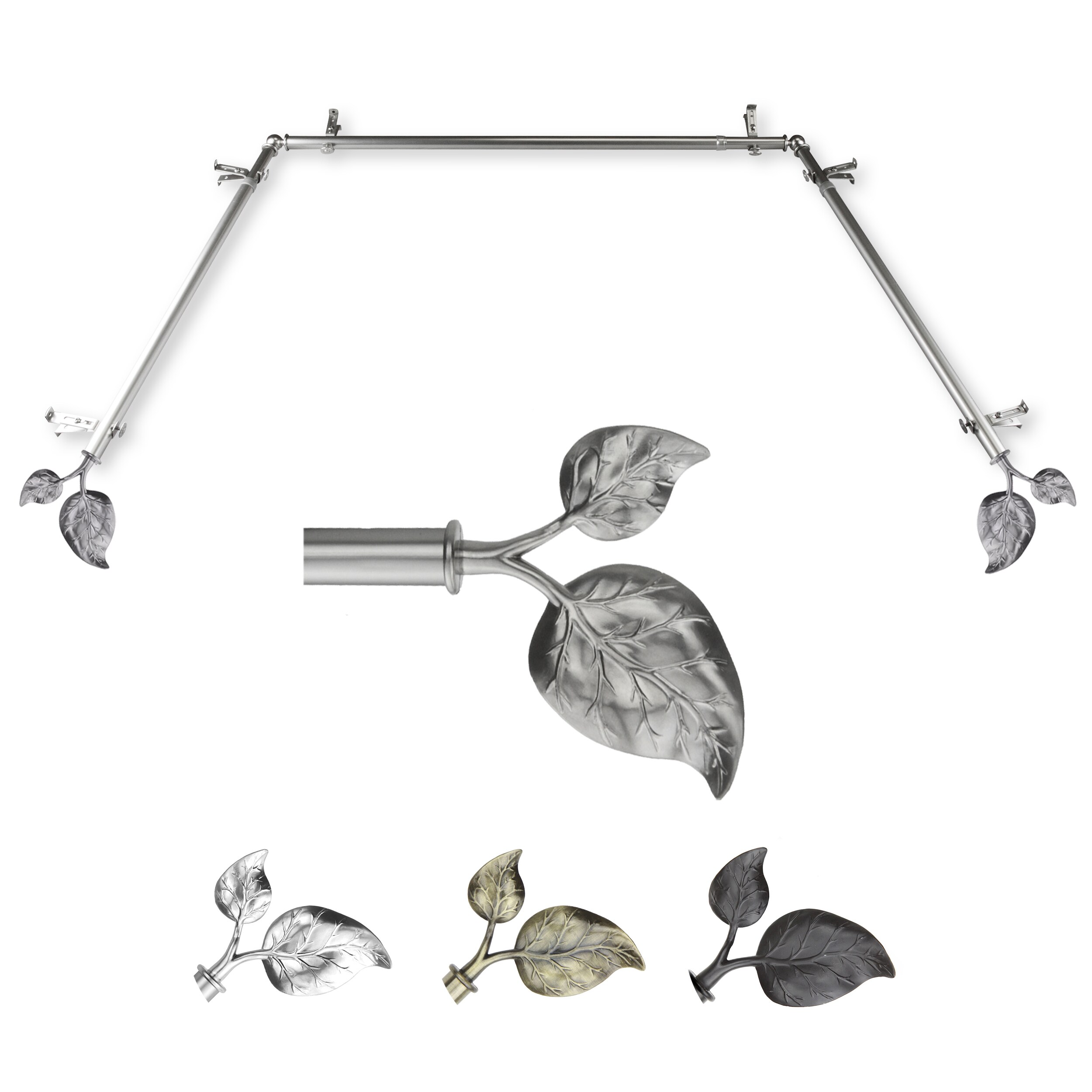 Hart & Harlow LO-ABAY-33-5 72-in to 144-in Satin Nickel Steel Bay window curtain rod with Finials
