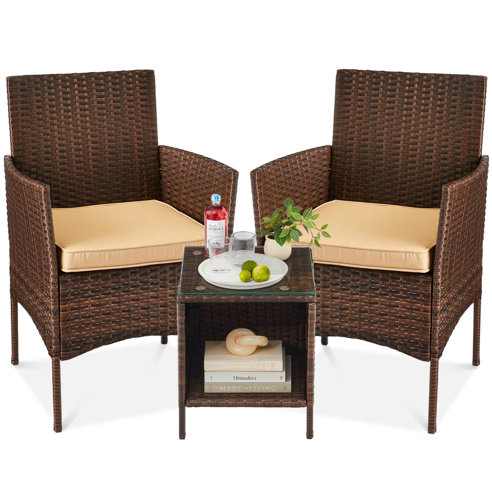 Best Choice Products  3-Piece Outdoor Wicker Conversation Patio Bistro Set w/ 2 Chairs Table - Brown/Tan