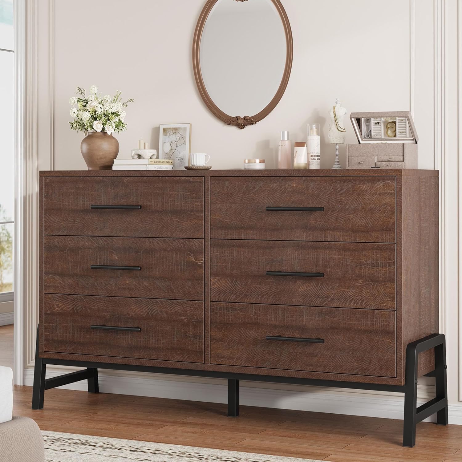Qeetex PHO-34FUYIYG-KLN Brown Freestanding 52 Inch Wide Dresser with 6 Large Storage Drawers Closet Storage Dresser Chest for Living Room and Bedroom and Entryway