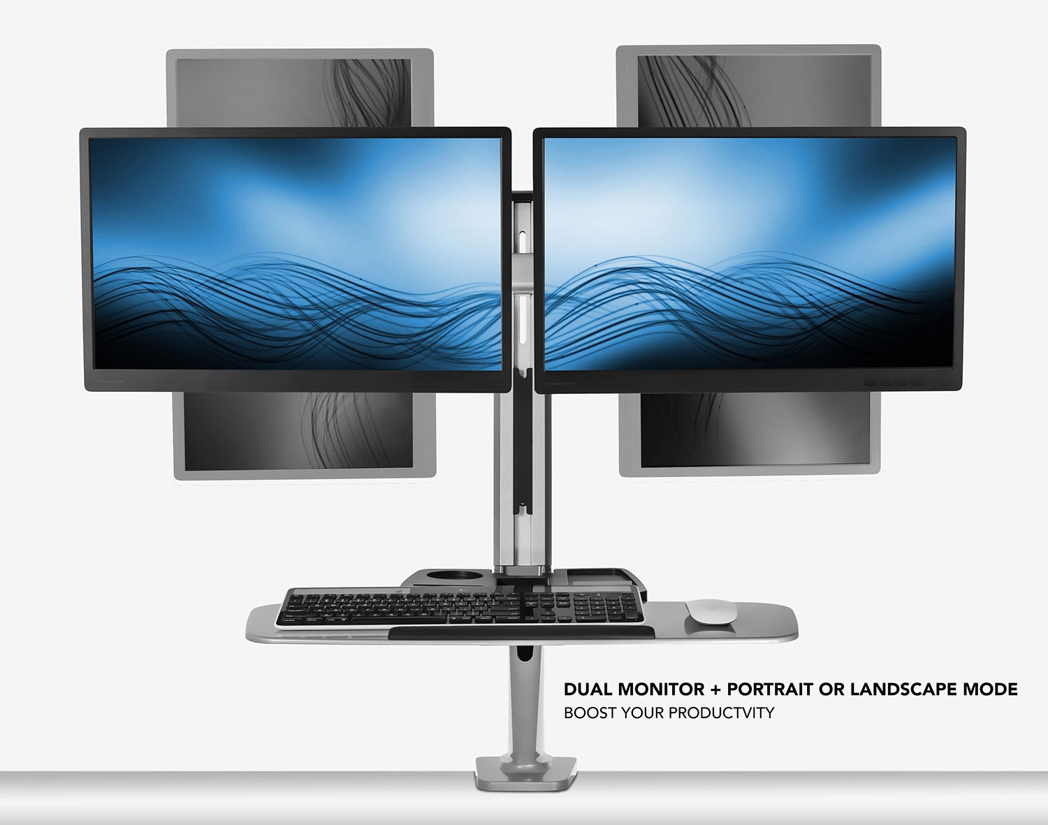 Adjustable Silver Standing Desk Converter with Dual Monitor Mount