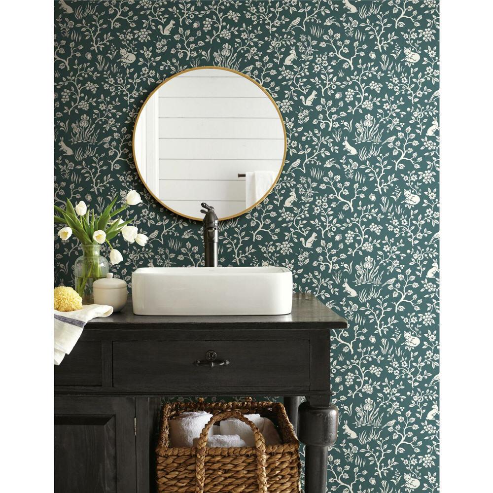 Magnolia Home ME1574 56-sq ft Weekends (Teal) Paper Floral Prepasted Soak and Hang Wallpaper