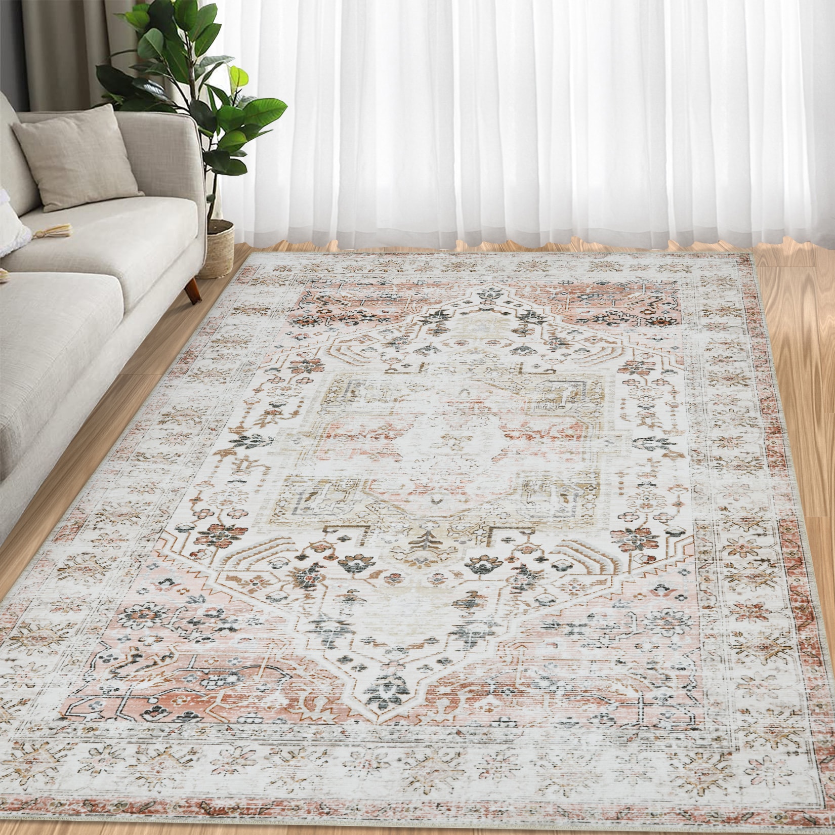 Garvee YXY-LO-PHO-0XT13MFA 5 x 7 (ft) Polyester Burnt Orange Rectangular Indoor Floral/Botanical Vintage Machine washable Area rug