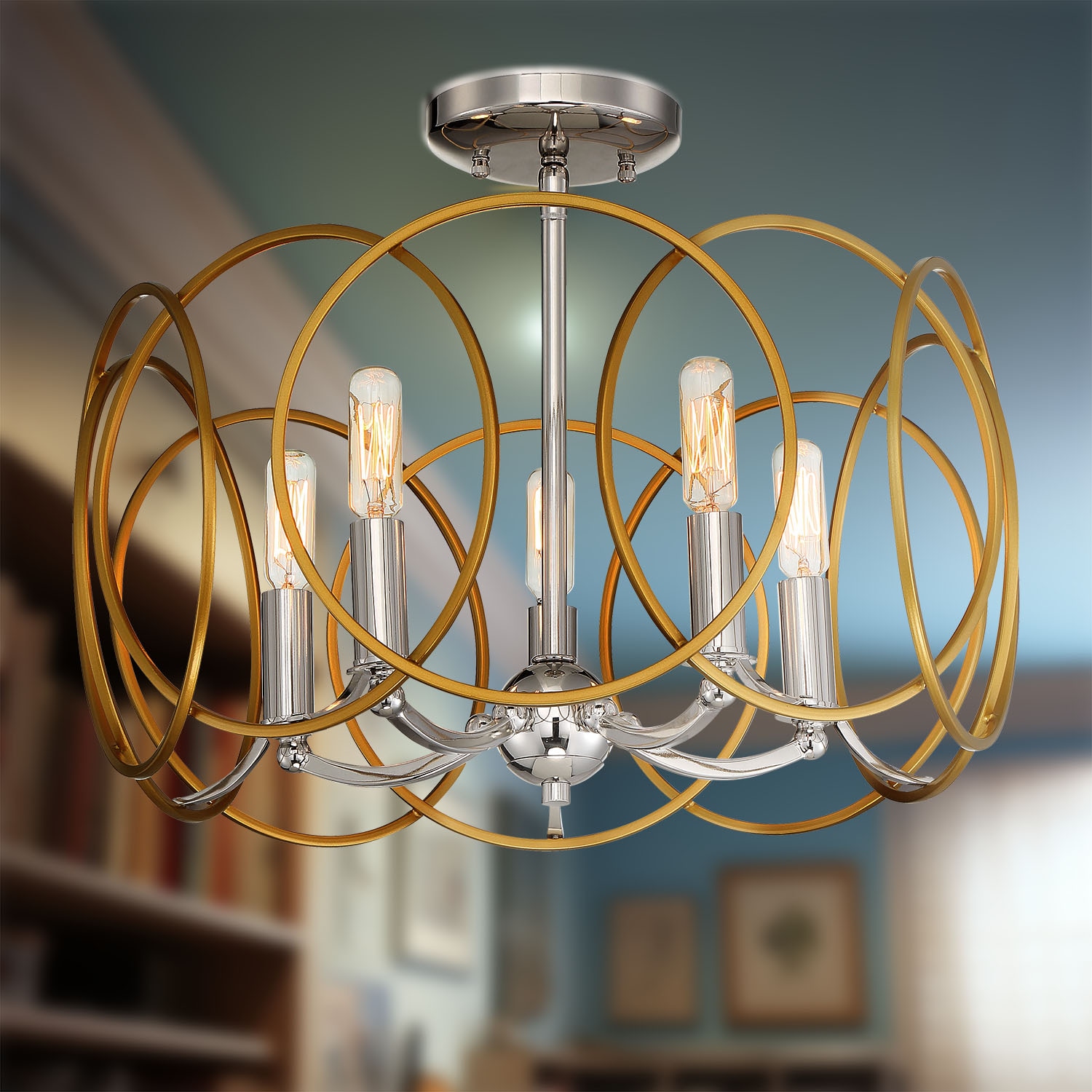 Chassell Honey Gold 5-Light LED Drum Pendant with Polished Nickel Accents