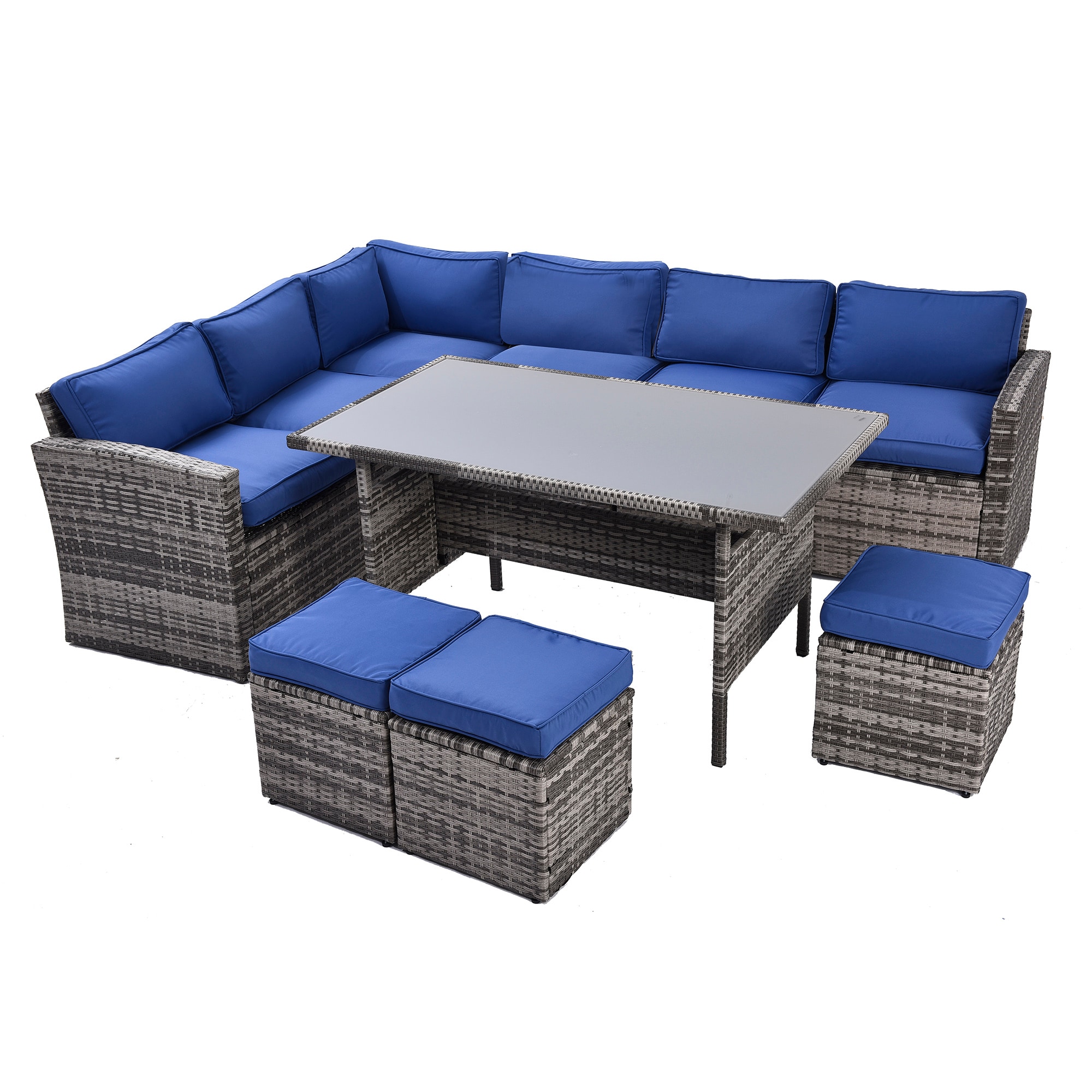 SINOFURN SYA010372BN 7 -Piece Rattan Patio Conversation Set with Blue Cushions