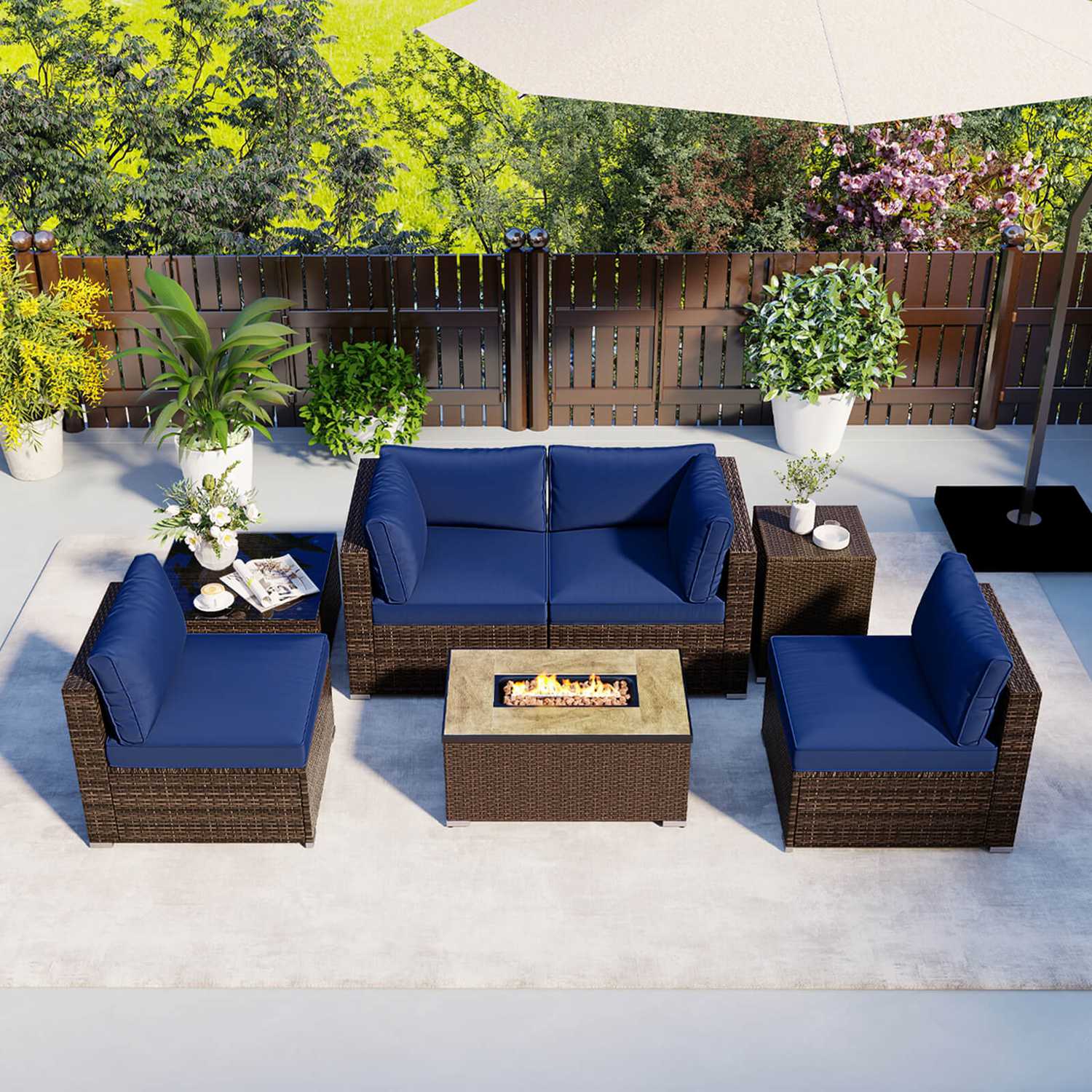 Costway CSHY001783 7 Pieces Outdoor Furniture Set with 32 inches Fire Pit Table and Propane Tank Cover Navy