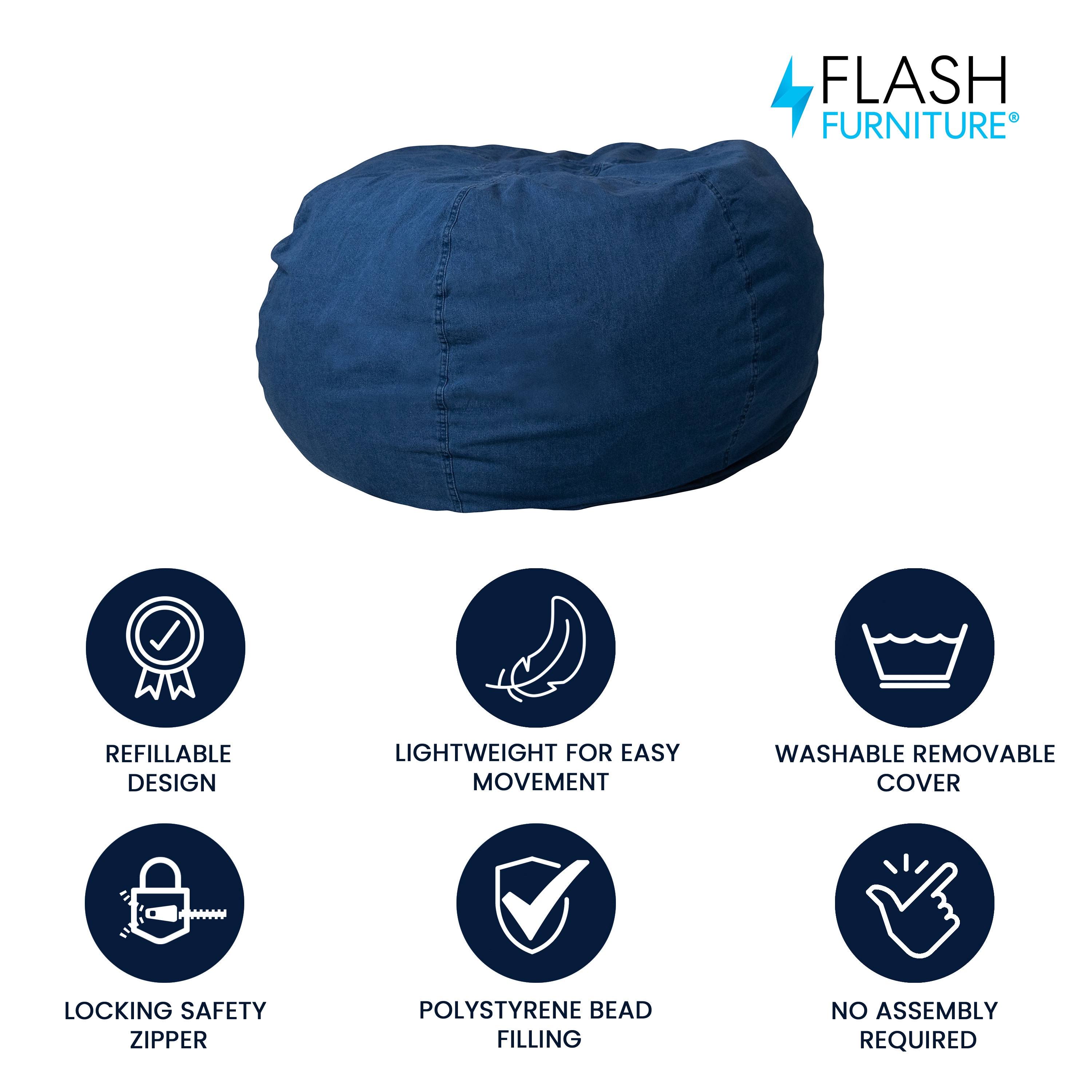 Oversized Denim Bean Bag Chair with Removable Cover