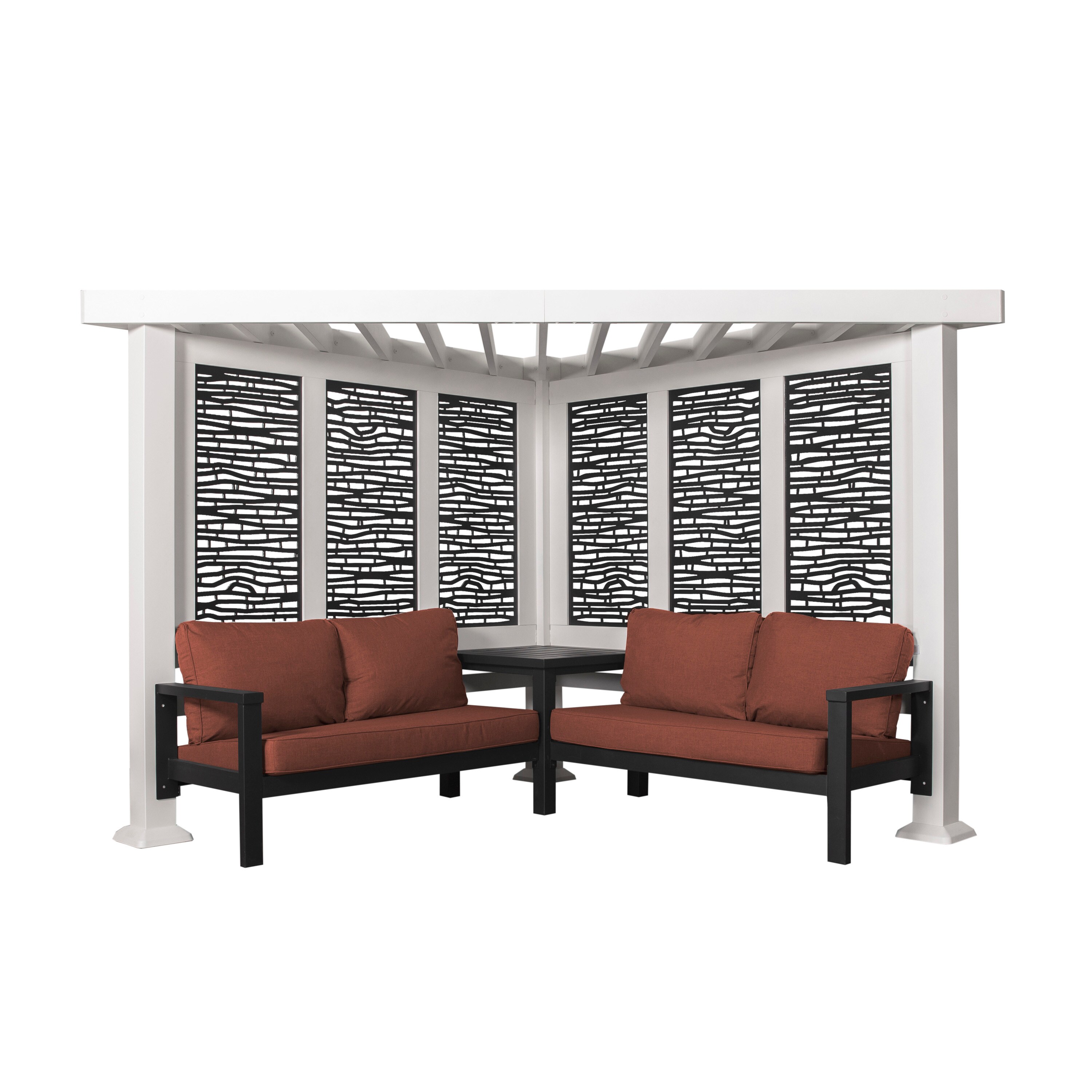 Ridgedale White Metal Cabana Pergola with Terracotta Seating