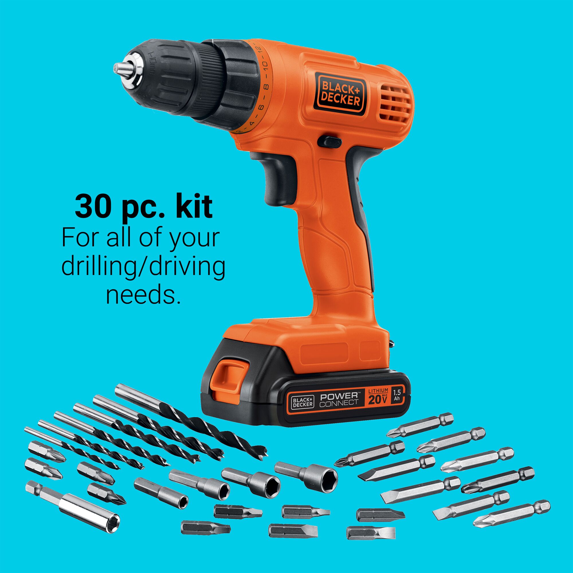 Black & Decker BDC120VACA 20V Cordless Drill with Battery, Charger & 100-pc  Accessory Set, 3/8-in