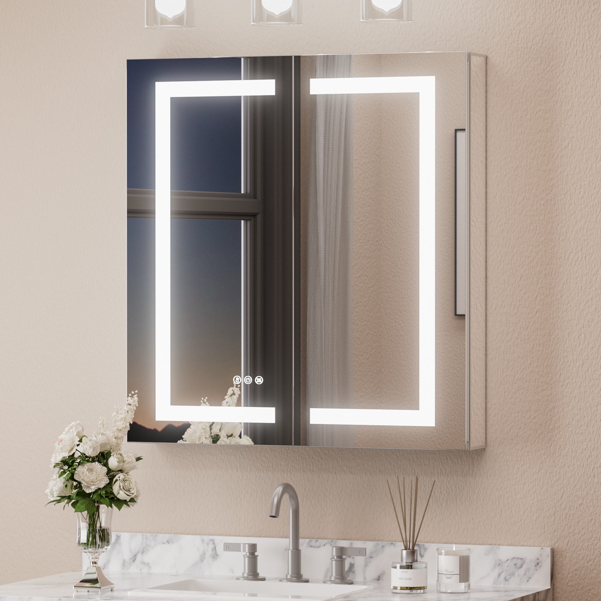 Keonjinn LW-JG-ZG-7681 30-in x 32-in Lighted LED Fog Free Surface/Recessed Mount Silver Mirrored Rectangle Soft Close Medicine Cabinet with Outlet