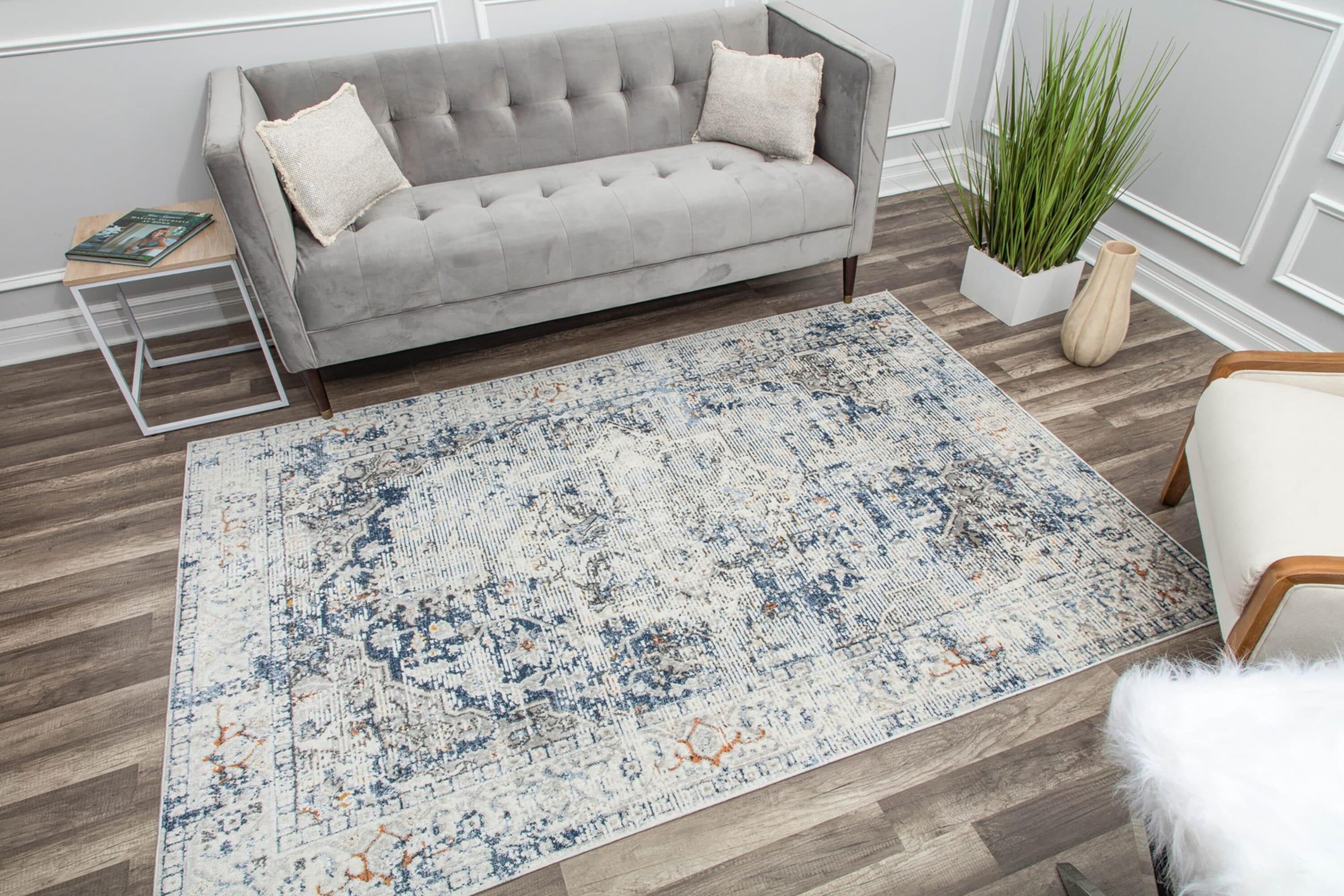 Blue and Gray Vintage Floral Rectangular Area Rug, 8' x 10'